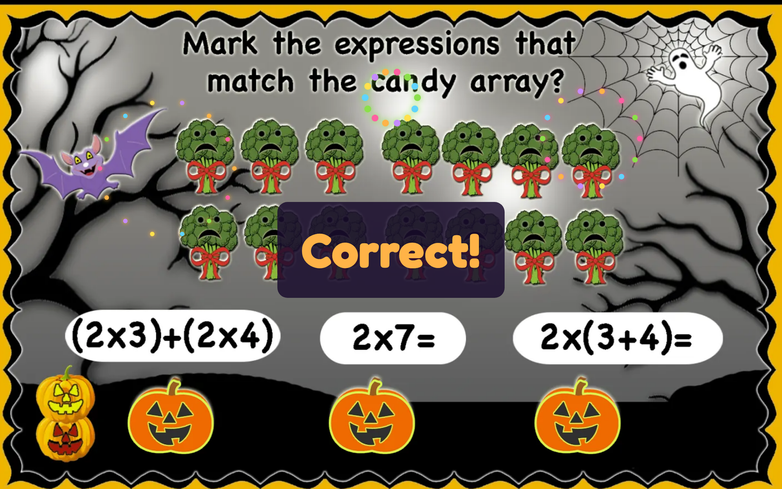 Distributive property: 2 rows of 3 and 4 broccoli candies, with (2 × 3) + (2 × 4), 2 × 7 and 2 × (3 + 4) all marked, and Correct!