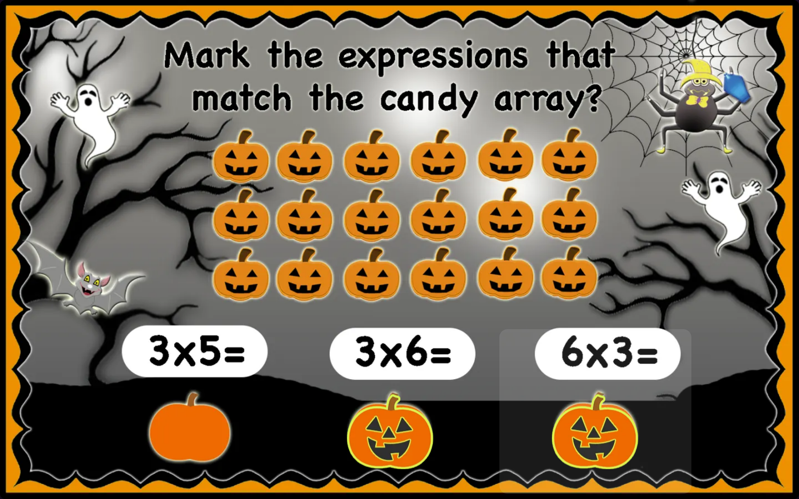 A candy array of 3 rows of 6 pumpkins, with jack-o-lanterns marking 3 × 6 and 6 × 3