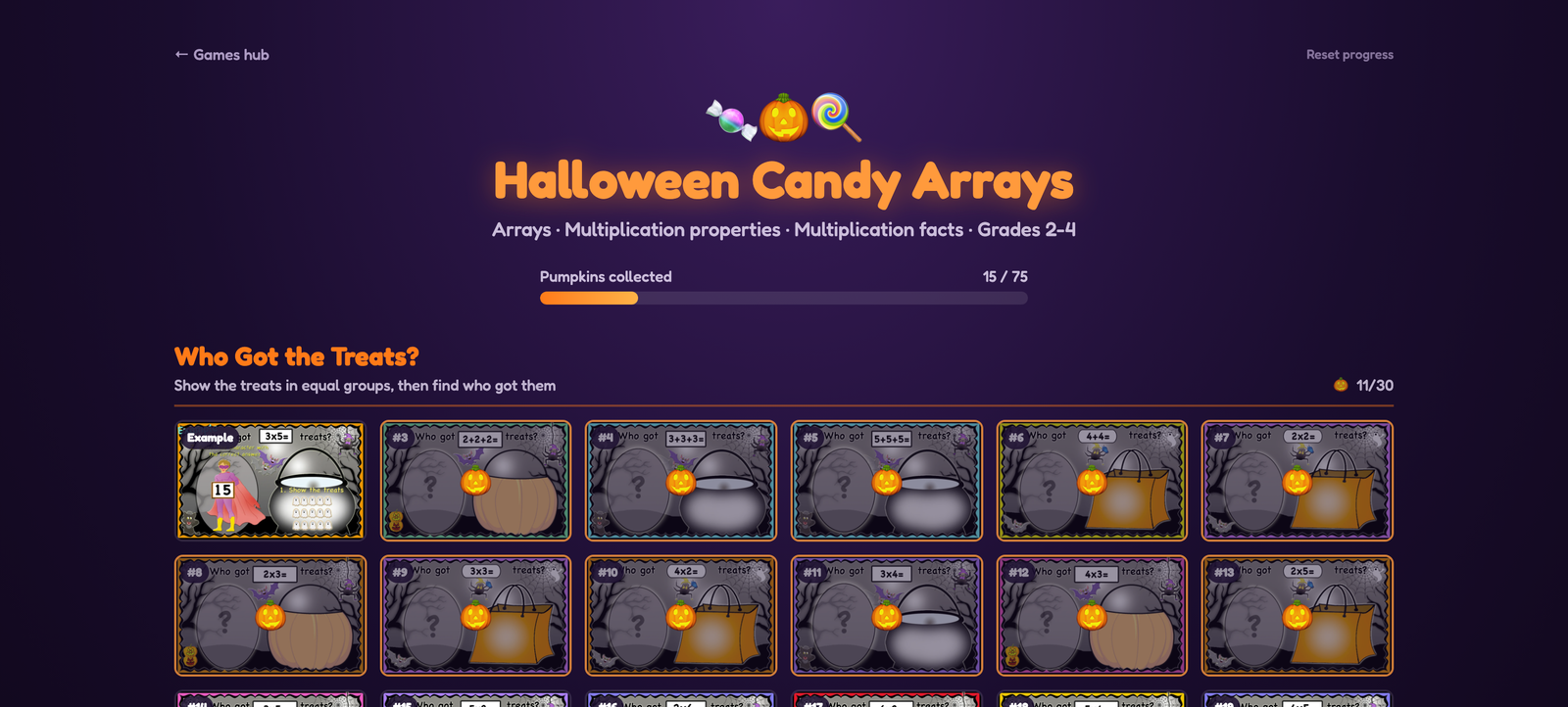 The Halloween Candy Arrays menu with slides grouped by section and pumpkins on the solved ones