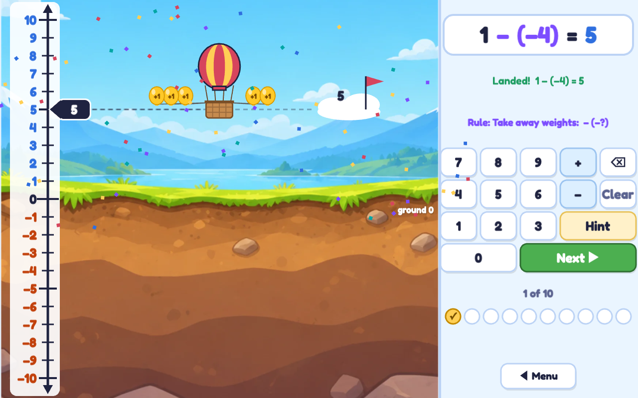 Reach the Cloud: the balloon has landed on the cloud at 5 with the expression 1 − (−4) = 5 and the rule take away weights