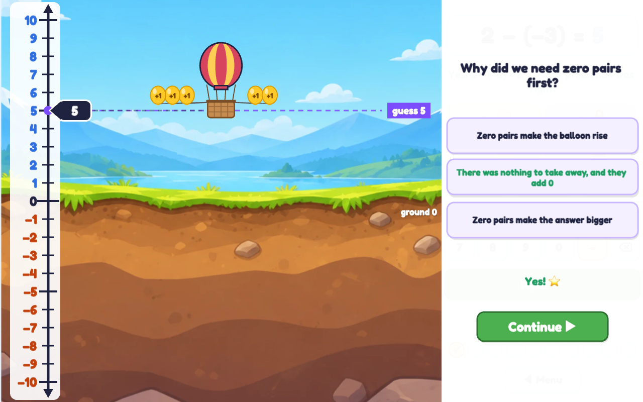 An explain-it question: Why did we need zero pairs first? The right answer, There was nothing to take away, and they add 0, is shown in green