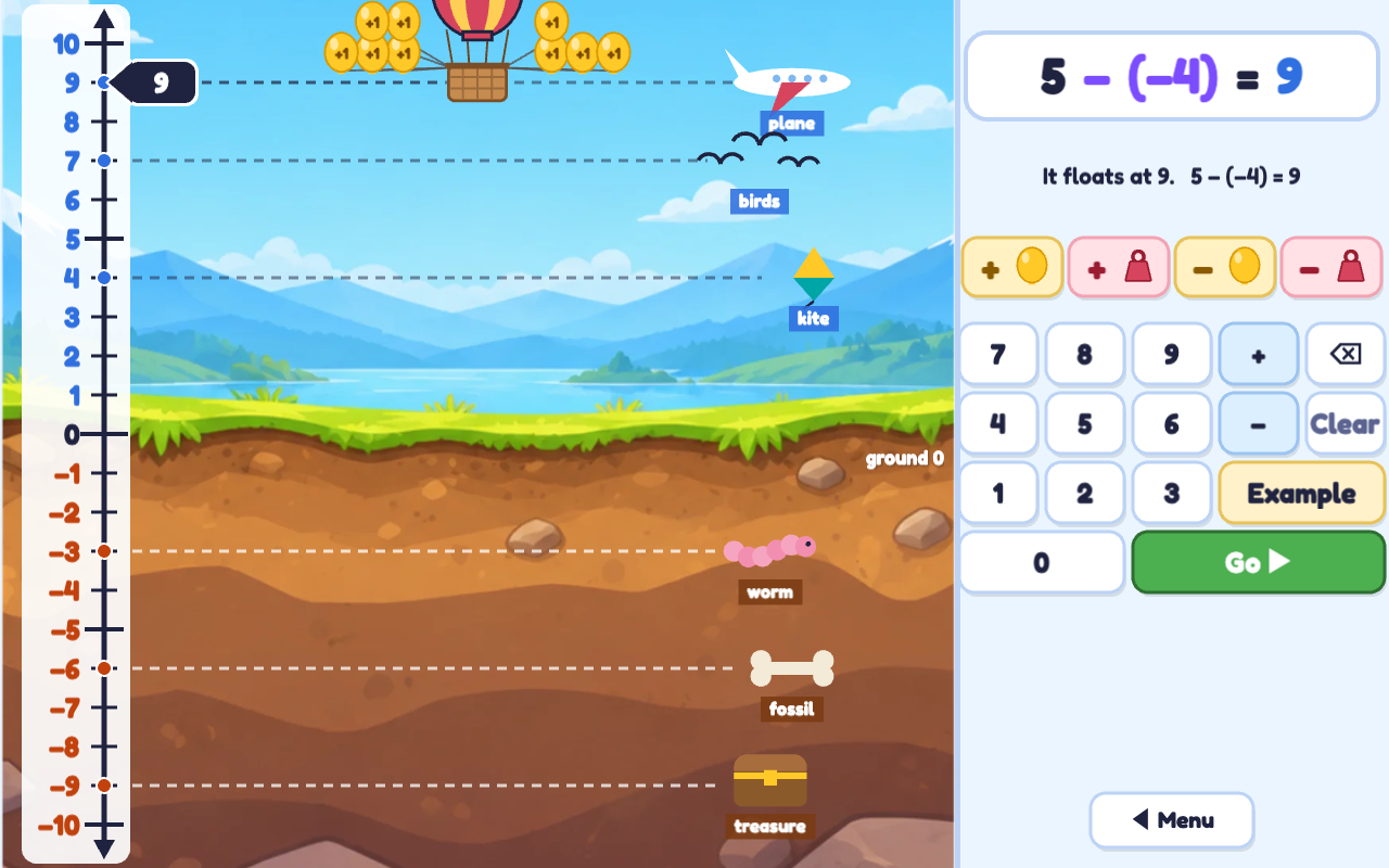 Free Flight: the balloon high in the sky beside a plane, with landmarks at different heights joined to the number line