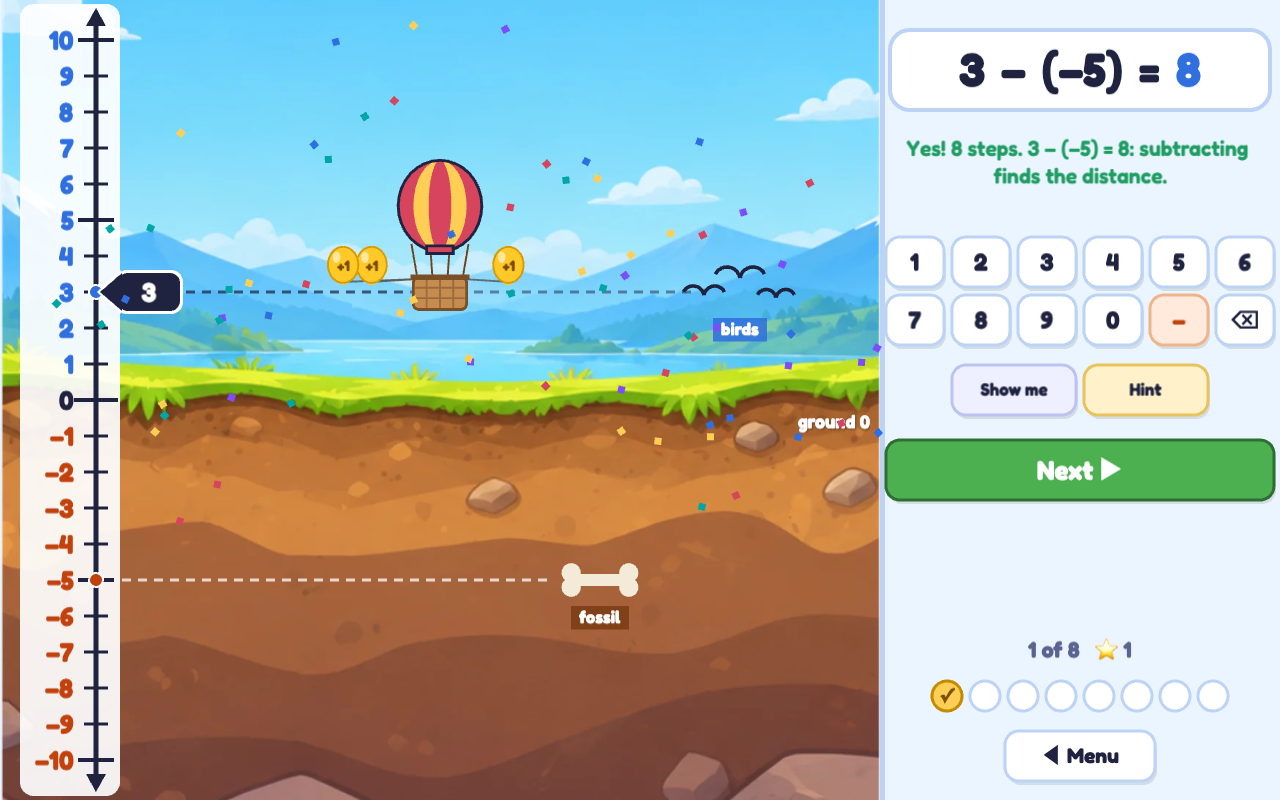 How Far?: birds at 3 and a fossil at −5 joined to the number line; the balloon has climbed 8 steps and the card shows 3 − (−5) = 8