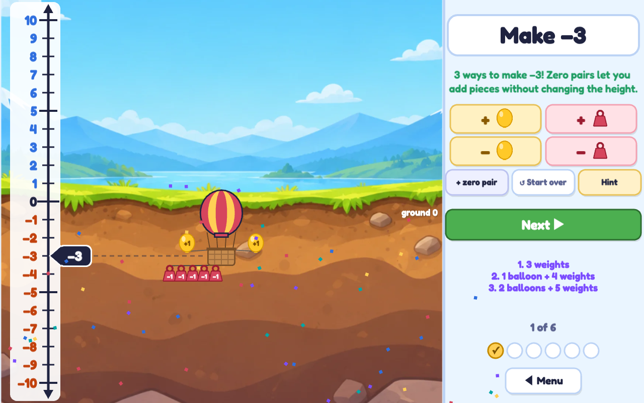 Many Ways: three ways to make −3 listed, with the balloon at −3 carrying 2 balloons and 5 weights