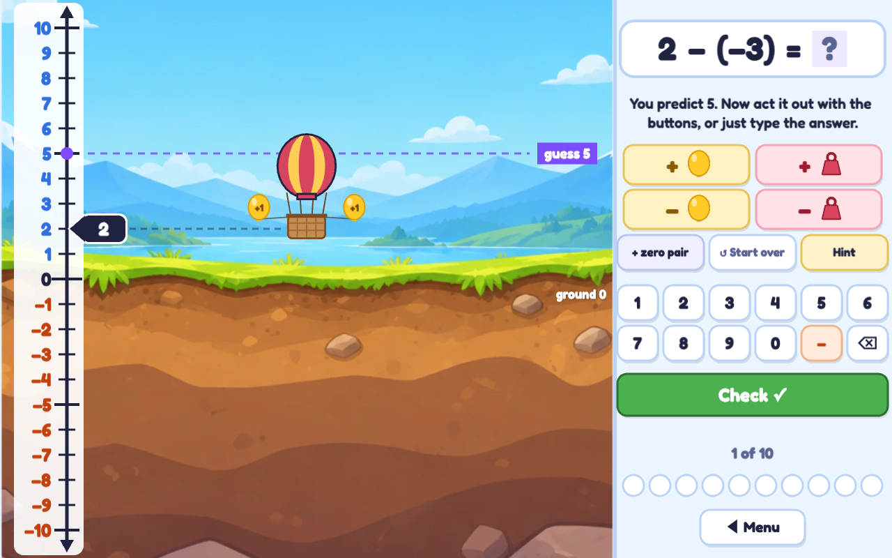 Solve It: the student has tapped the number line to predict the balloon will land at 5, shown by a purple guess line