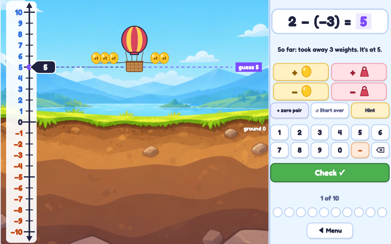 After taking away 3 weights, the balloon has risen to 5 with five balloons left; the student has typed 5 as the answer to 2 − (−3)