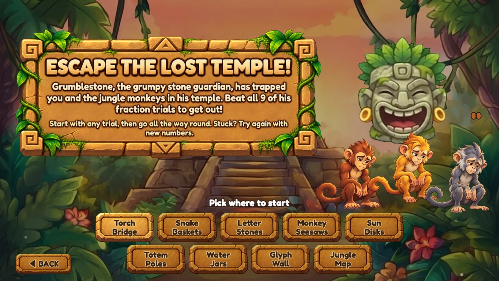 The Escape the Lost Temple start screen: a carved stone tablet tells the story, Grumblestone laughs beside three sad monkeys, and nine stone buttons let students pick where to start.