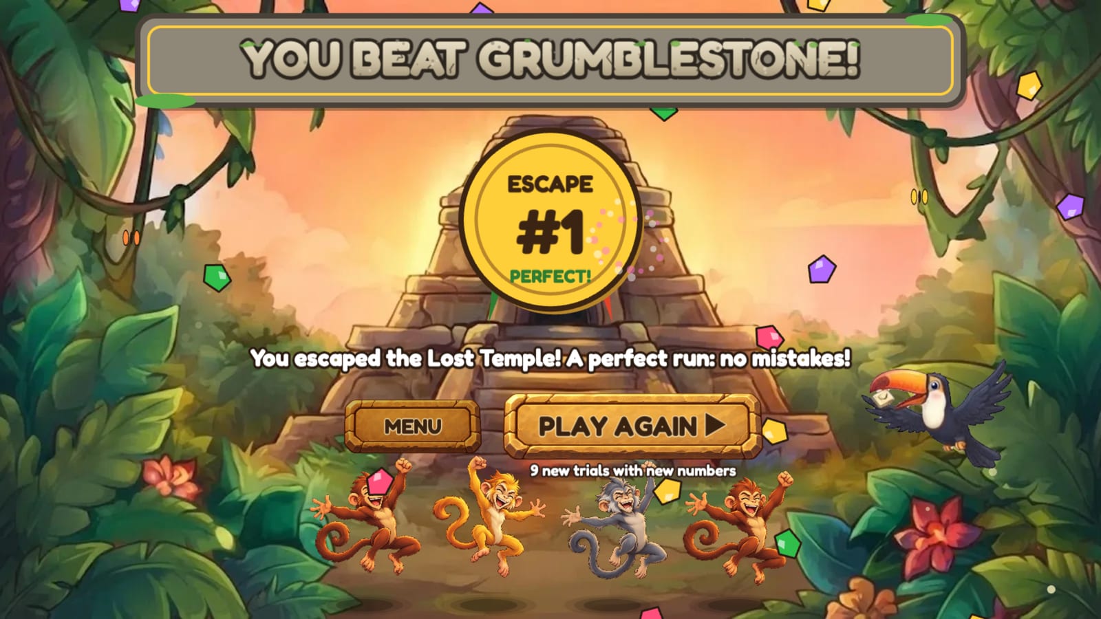 The escape screen: You beat Grumblestone! A gold medal reads Escape #1, Perfect, gems fall and monkeys dance, with a Play Again button.