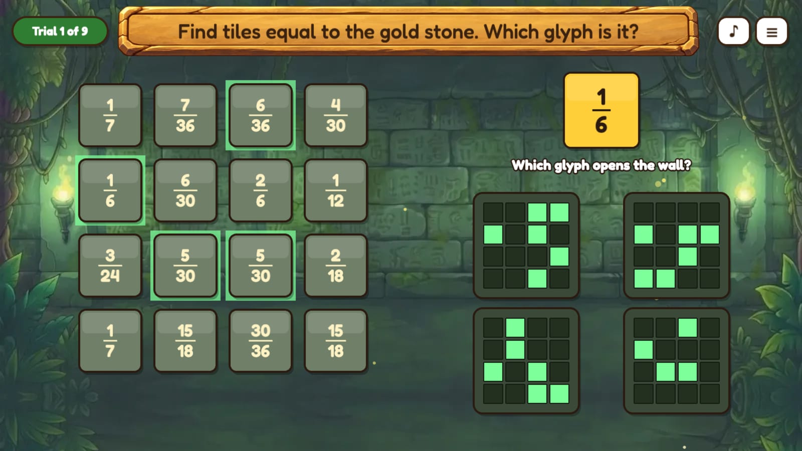 The Glyph Wall: a grid of stone tiles with fractions, a gold stone with the target fraction and four glyph patterns.