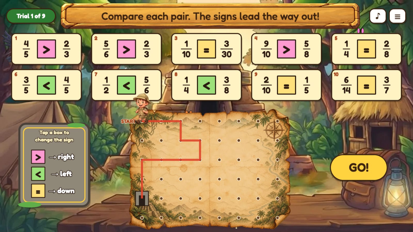 The Jungle Map: ten fraction comparisons with signs above an old parchment map with a red path and an explorer.