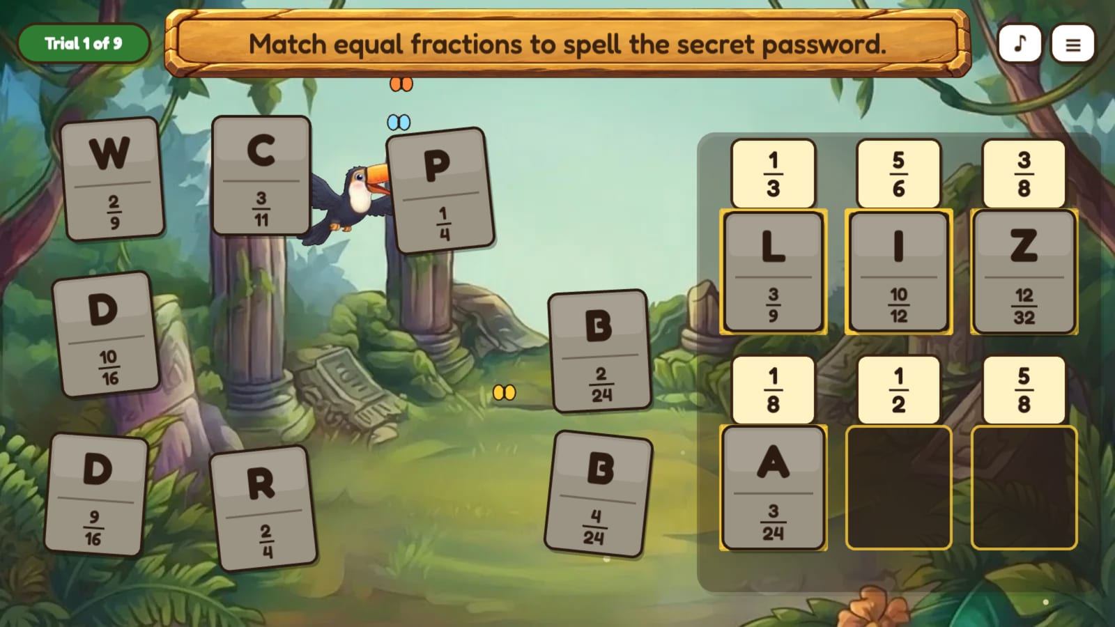 The Letter Stones: stone tiles with letters and fractions, some placed in carved slots in jungle ruins.