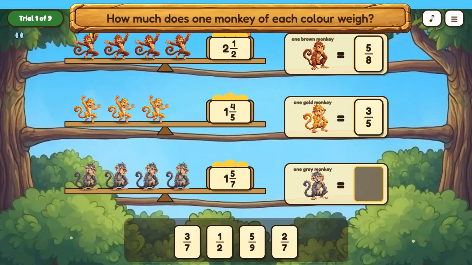 The Monkey Seesaws: brown, gold and grey monkeys on seesaw branches balancing baskets with mixed-number weights.