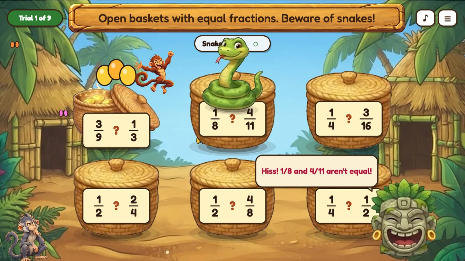 The Snake Baskets: woven baskets with pairs of fractions, one open with gold coins and one with a snake.
