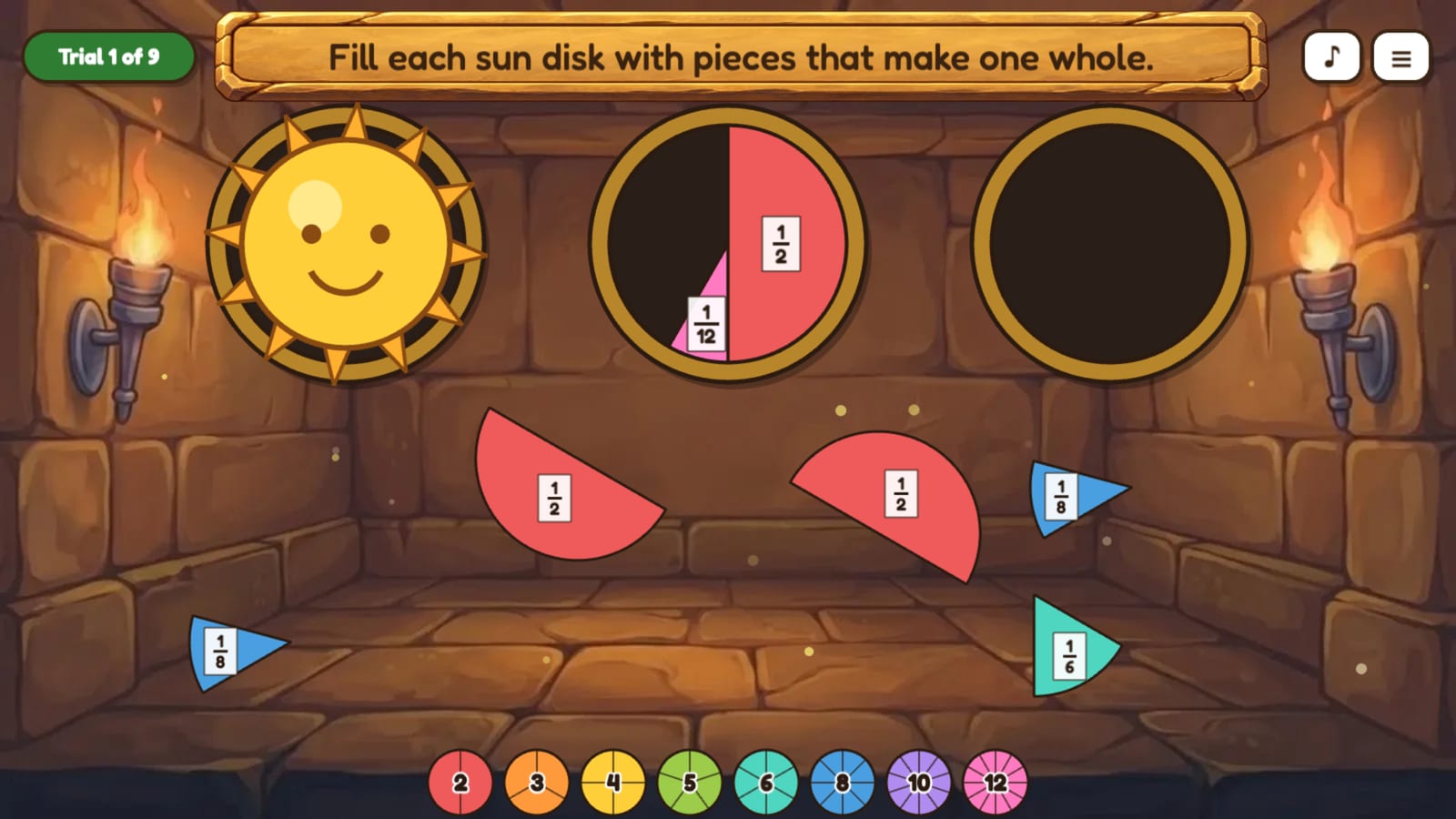 The Sun Disks: three round disks in a temple chamber, one turned into a golden sun, with fraction pieces below.