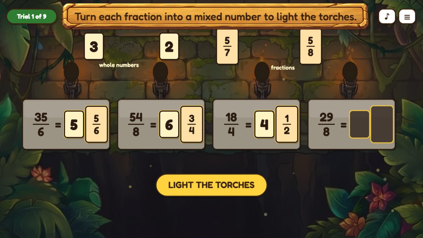 The Torch Bridge: stone tiles with improper fractions, number and fraction cards in their sockets, and torches above a dark gorge.