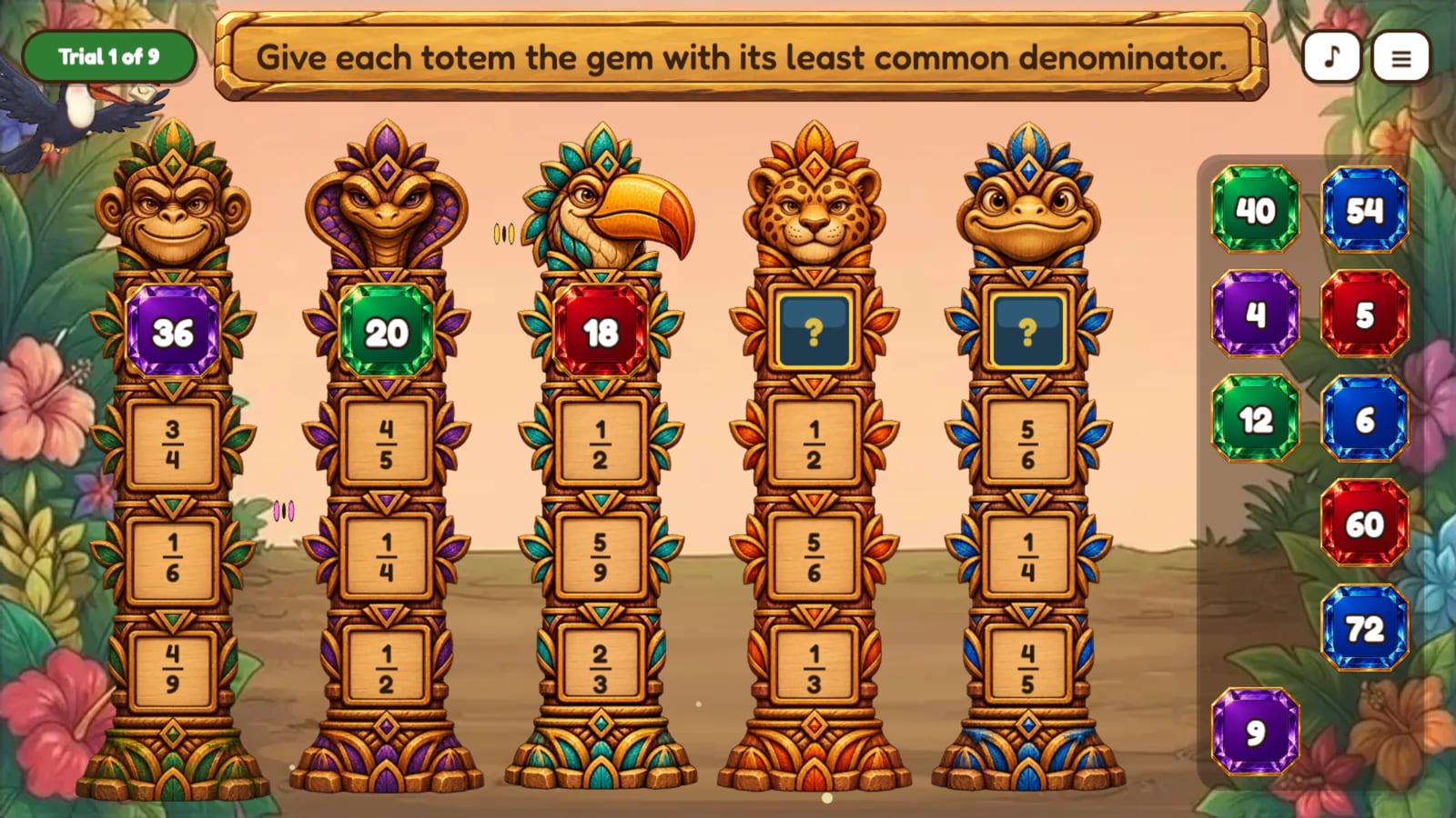The Totem Poles: five carved animal totems with fractions on their panels and colourful number gems beside them.
