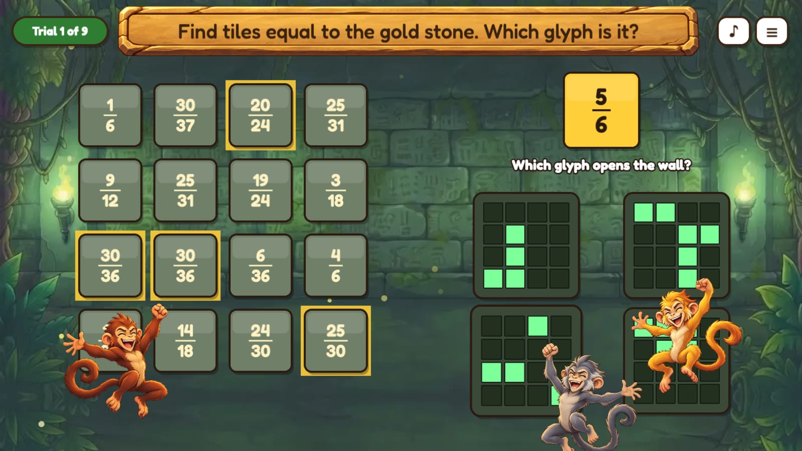 A Trial Beaten card with three stars and a path of nine stepping stones, some glowing gold, while three monkeys jump and cheer.