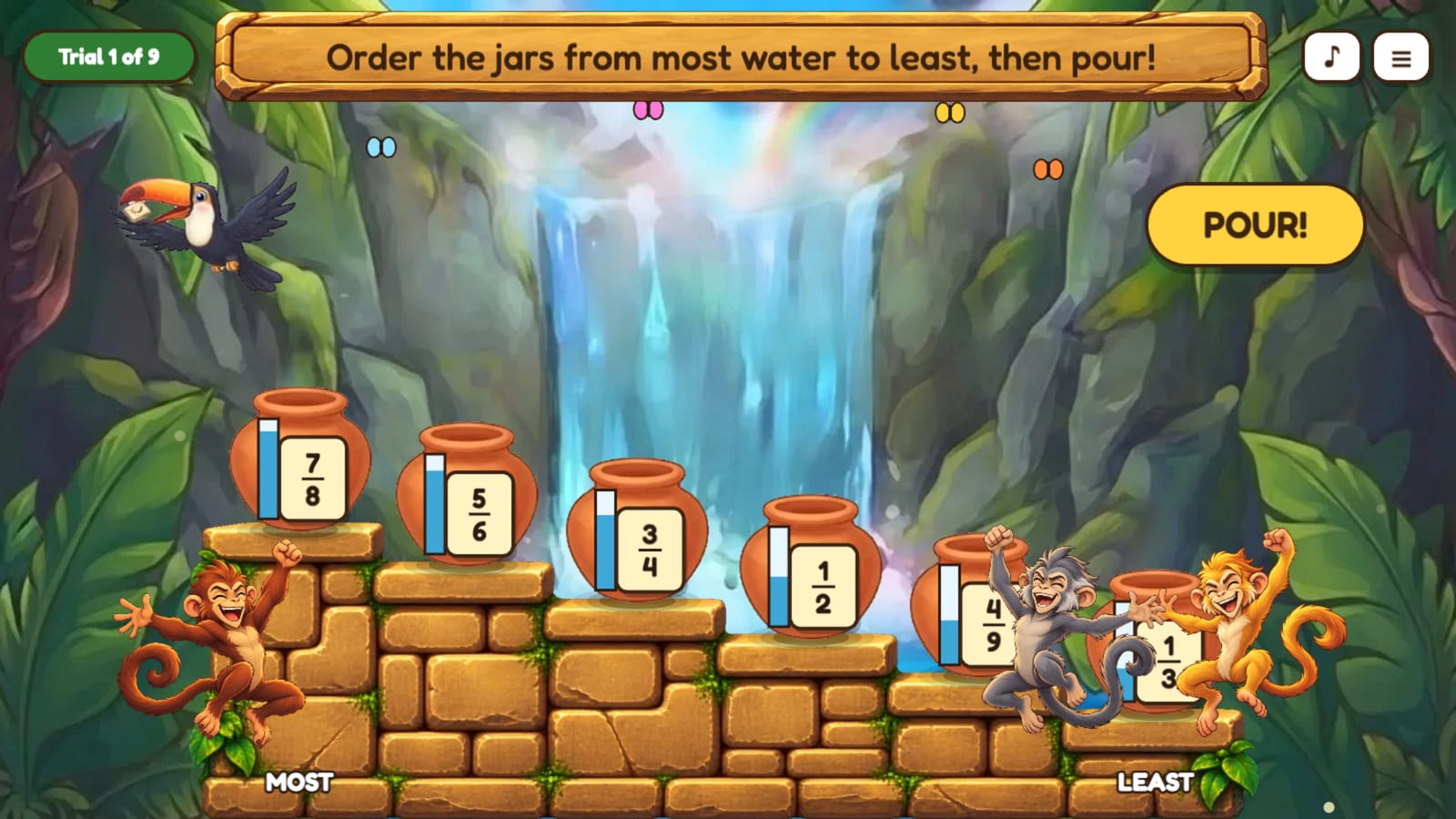 The Water Jars: clay jars on stone steps by a waterfall, each showing a fraction and how full it is.