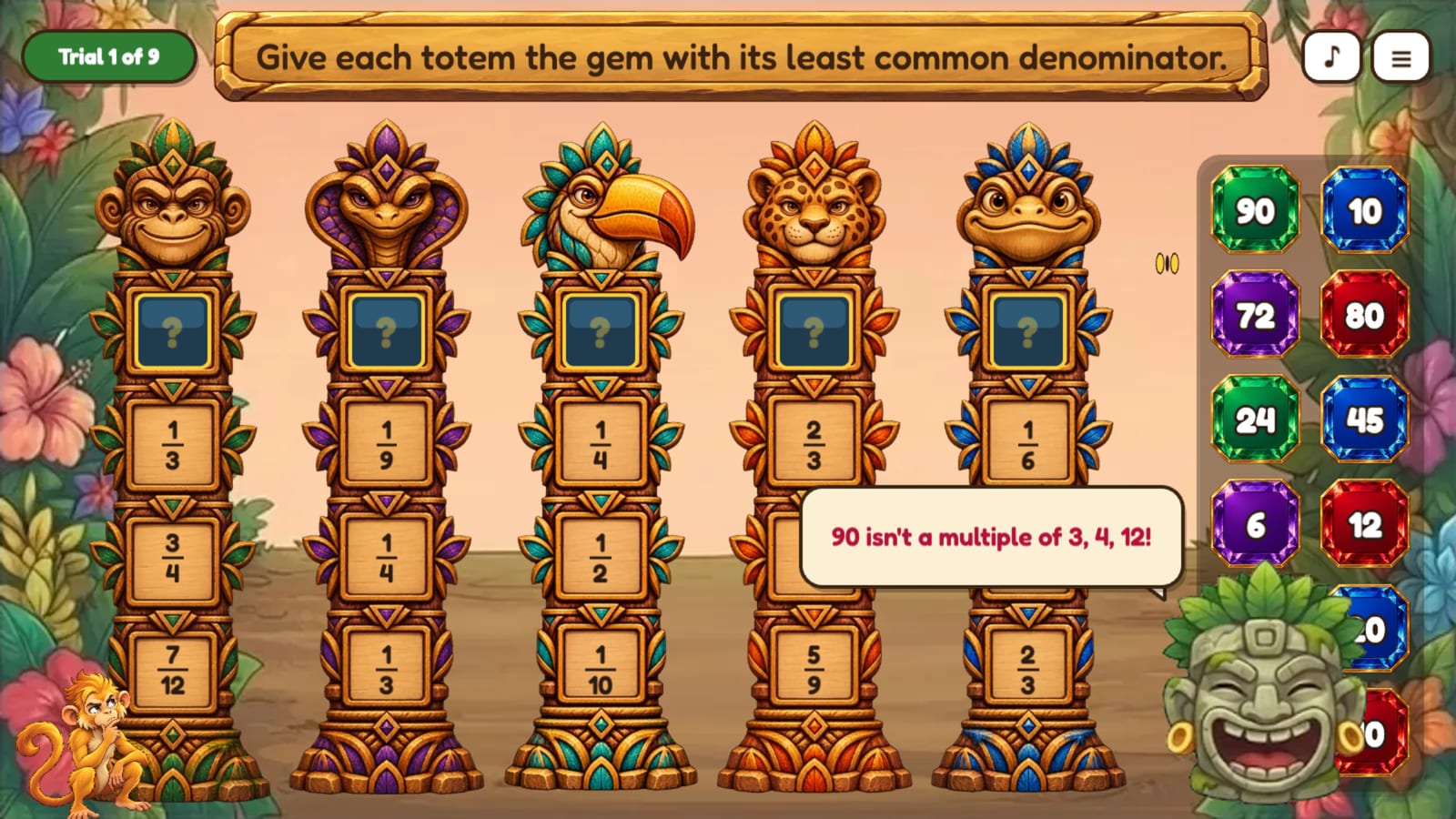 Grumblestone pops up on the Totem Poles trial with a hint about a wrong gem.