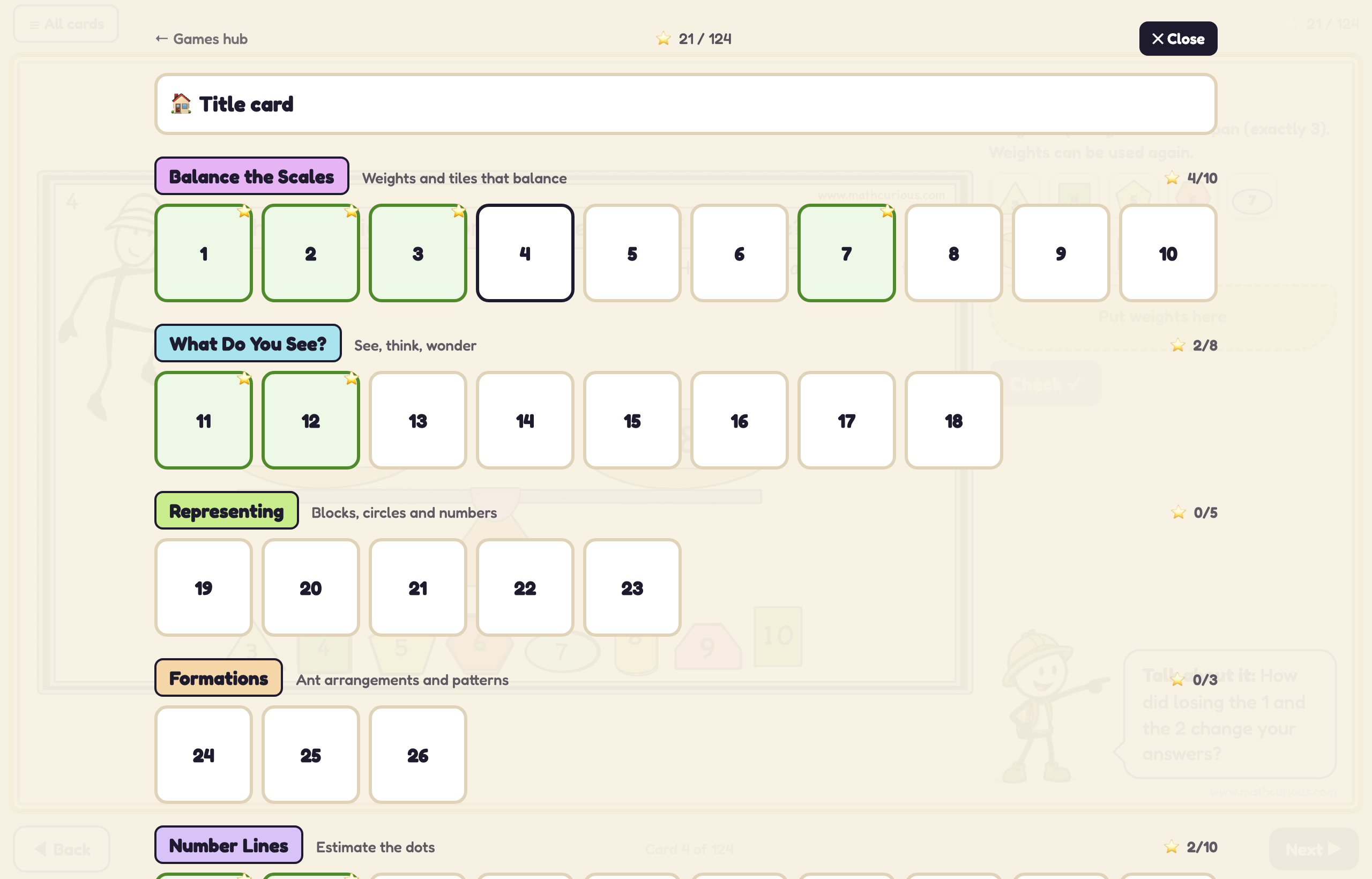 The All cards menu: 124 cards grouped into 12 talk styles, with stars earned