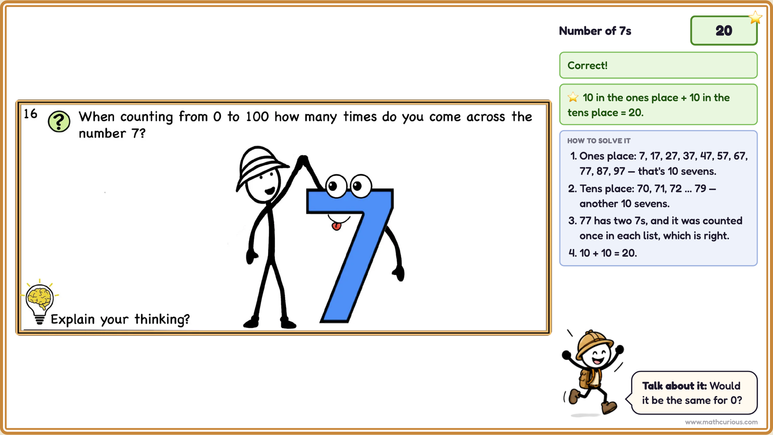 Puzzle slide: how many times do you come across 7 when counting from 0 to 100, answered 20, with the step-by-step solution open