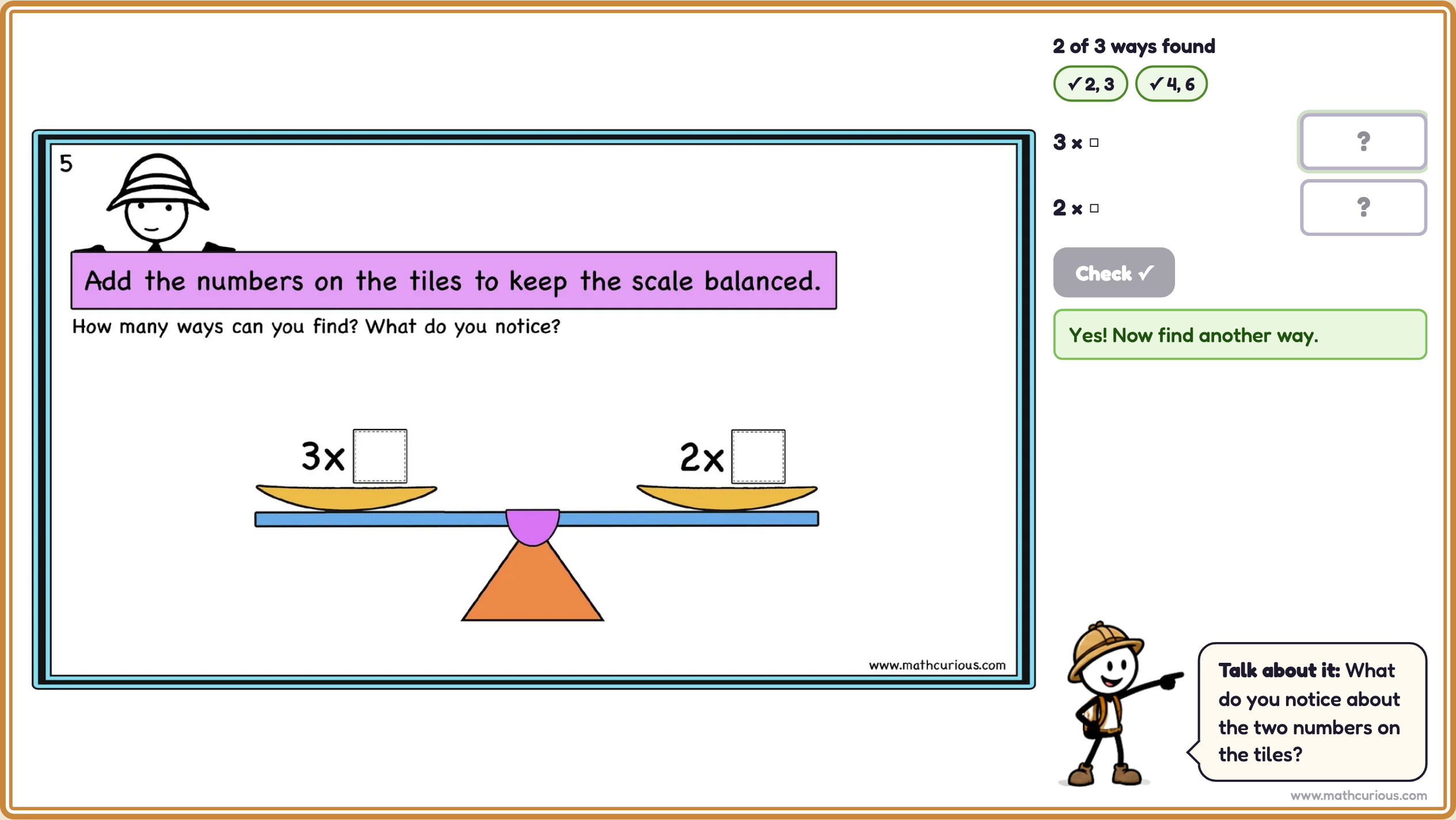 Tile scale slide: 3 × □ balanced with 2 × □, with 2 and 3, and 4 and 6, found as two different ways