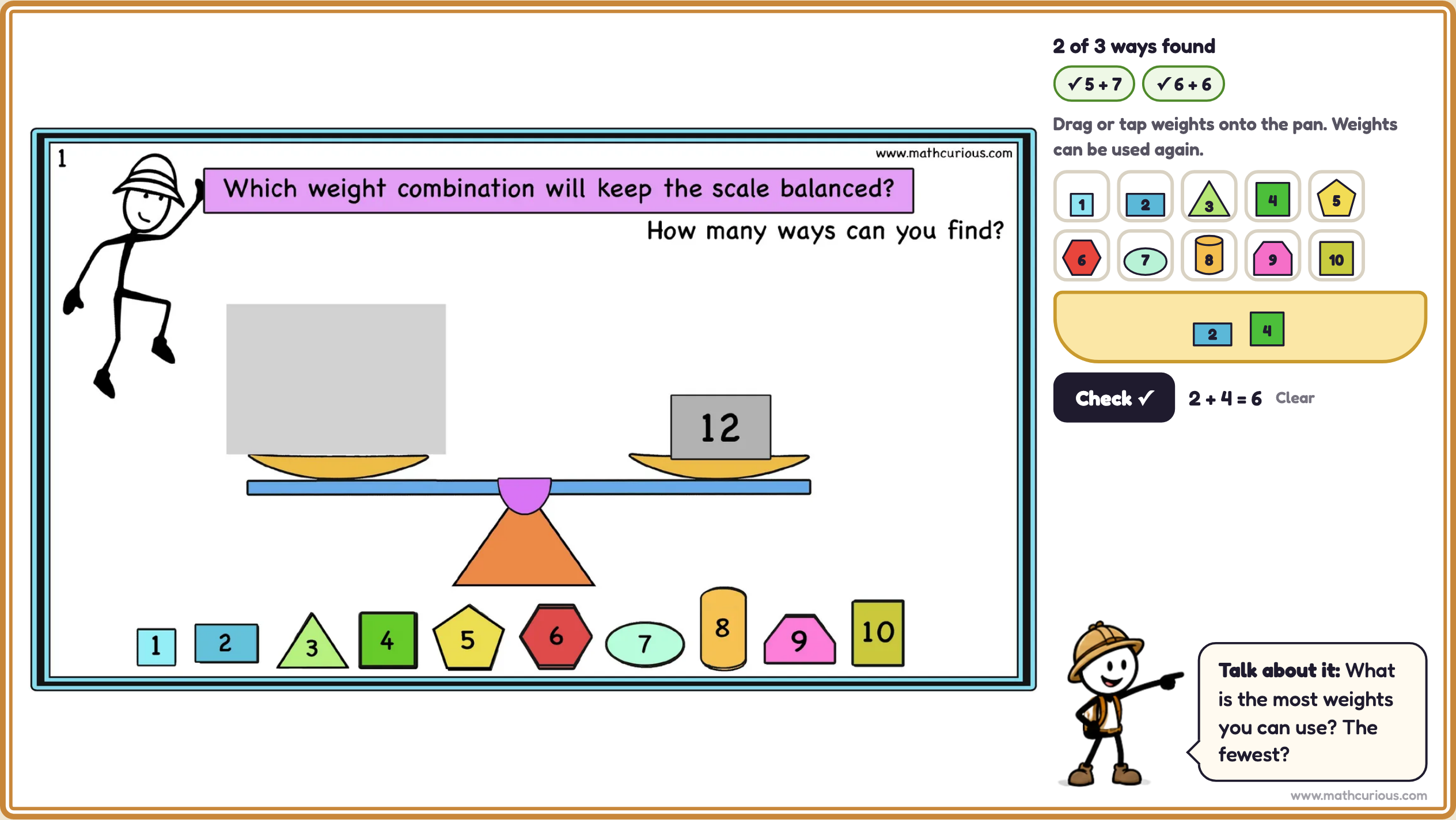 Balance the scales slide: 12 on one side, weights dragged onto the other pan, with 5 + 7 and 6 + 6 already found