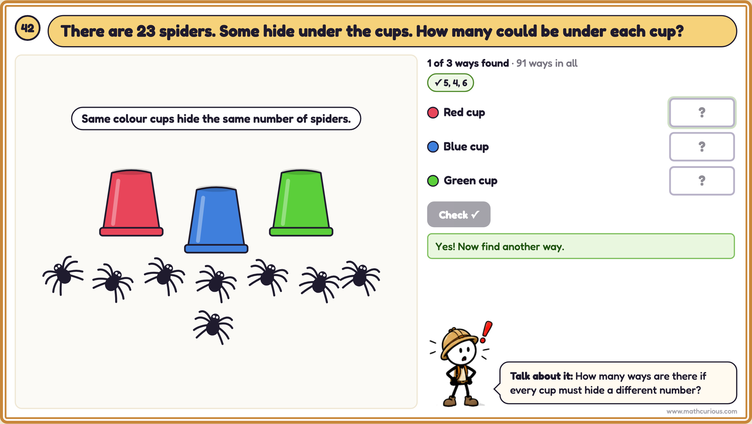 Spiders under the cups card: three coloured cups and spiders on the table, with one way found and the buddy asking a talk question