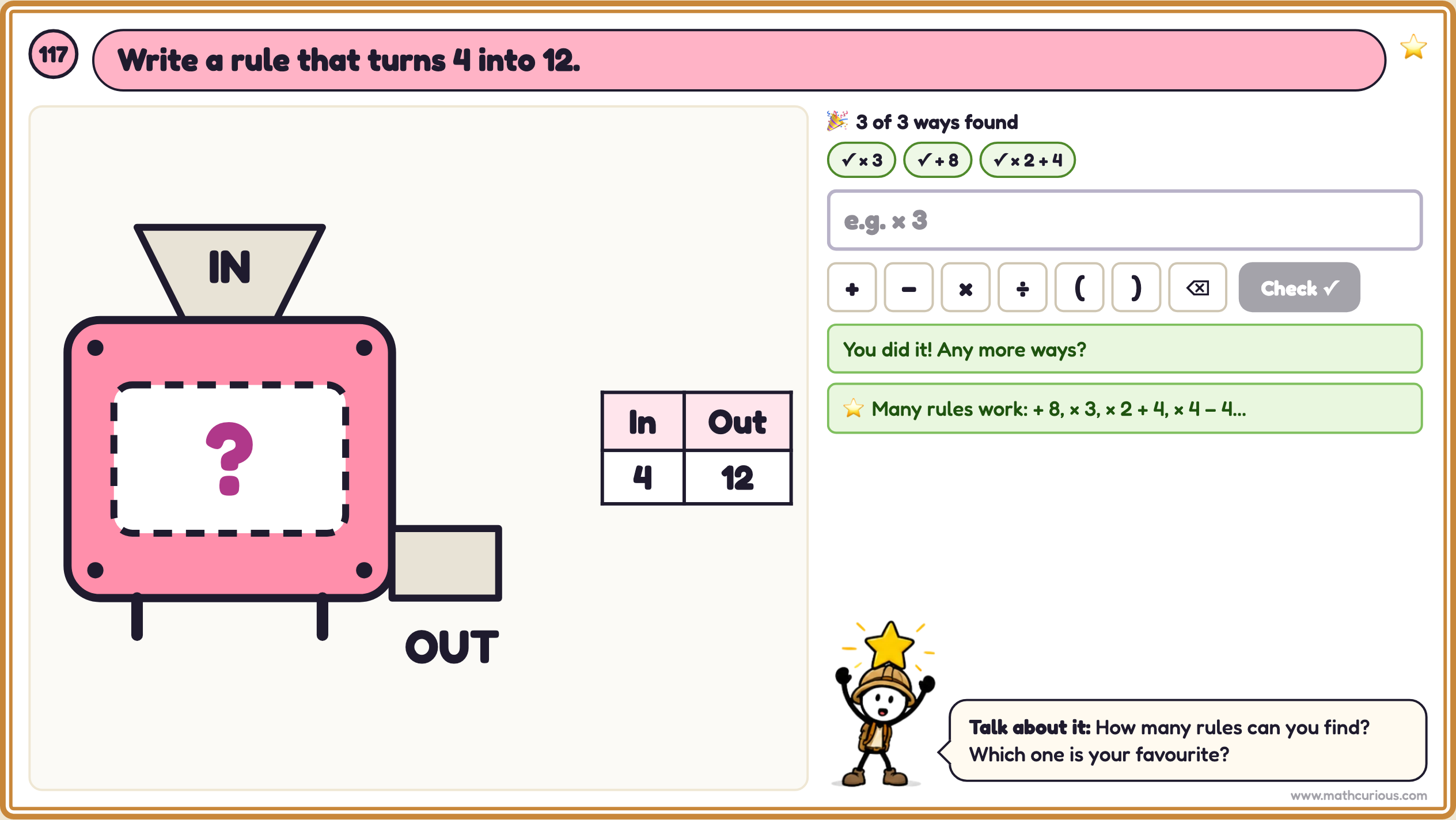 Function machine card: write a rule that turns 4 into 12, with three different rules accepted
