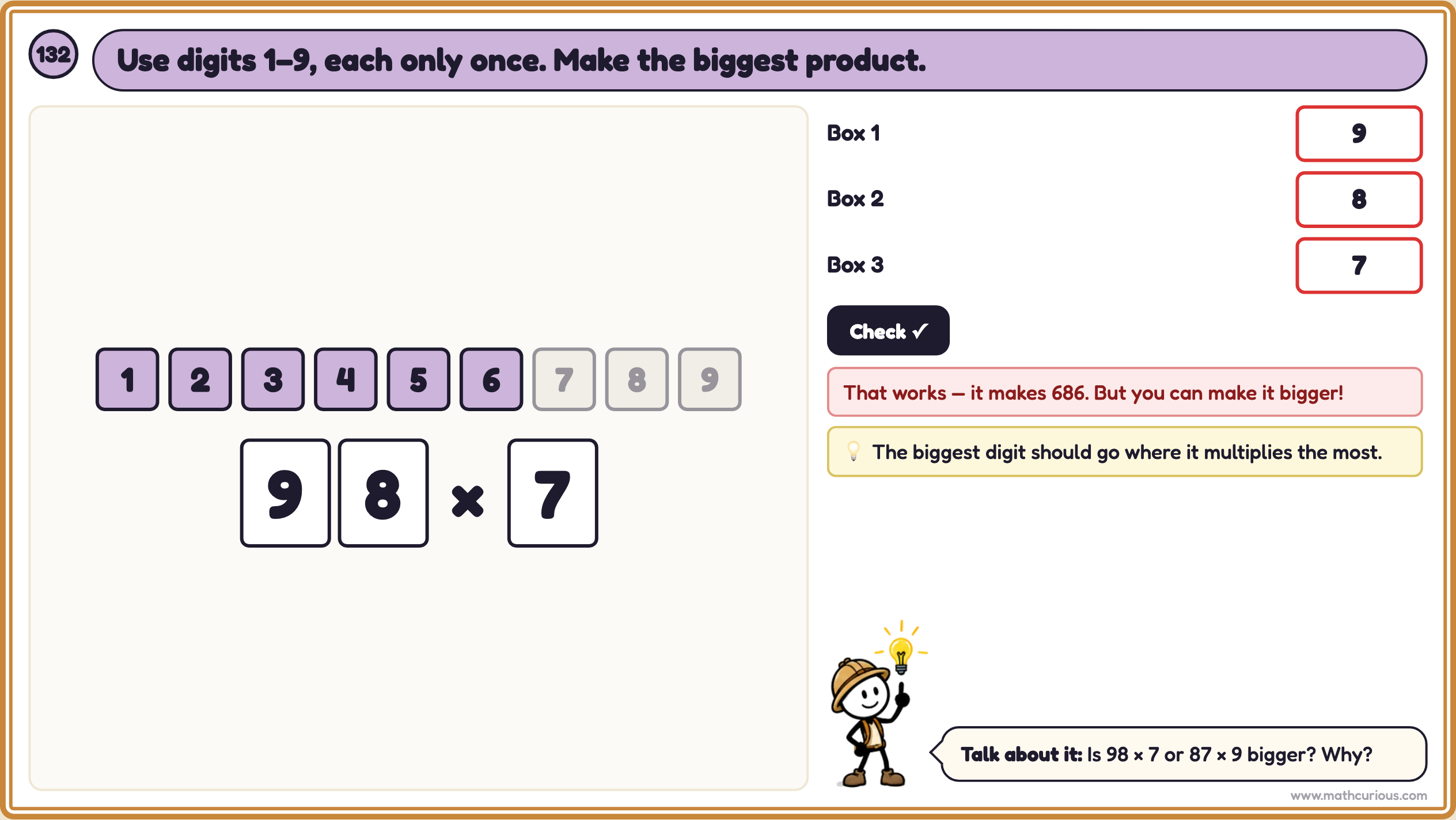 Open middle card: digits placed to make a product, with feedback saying the answer works but can be made bigger