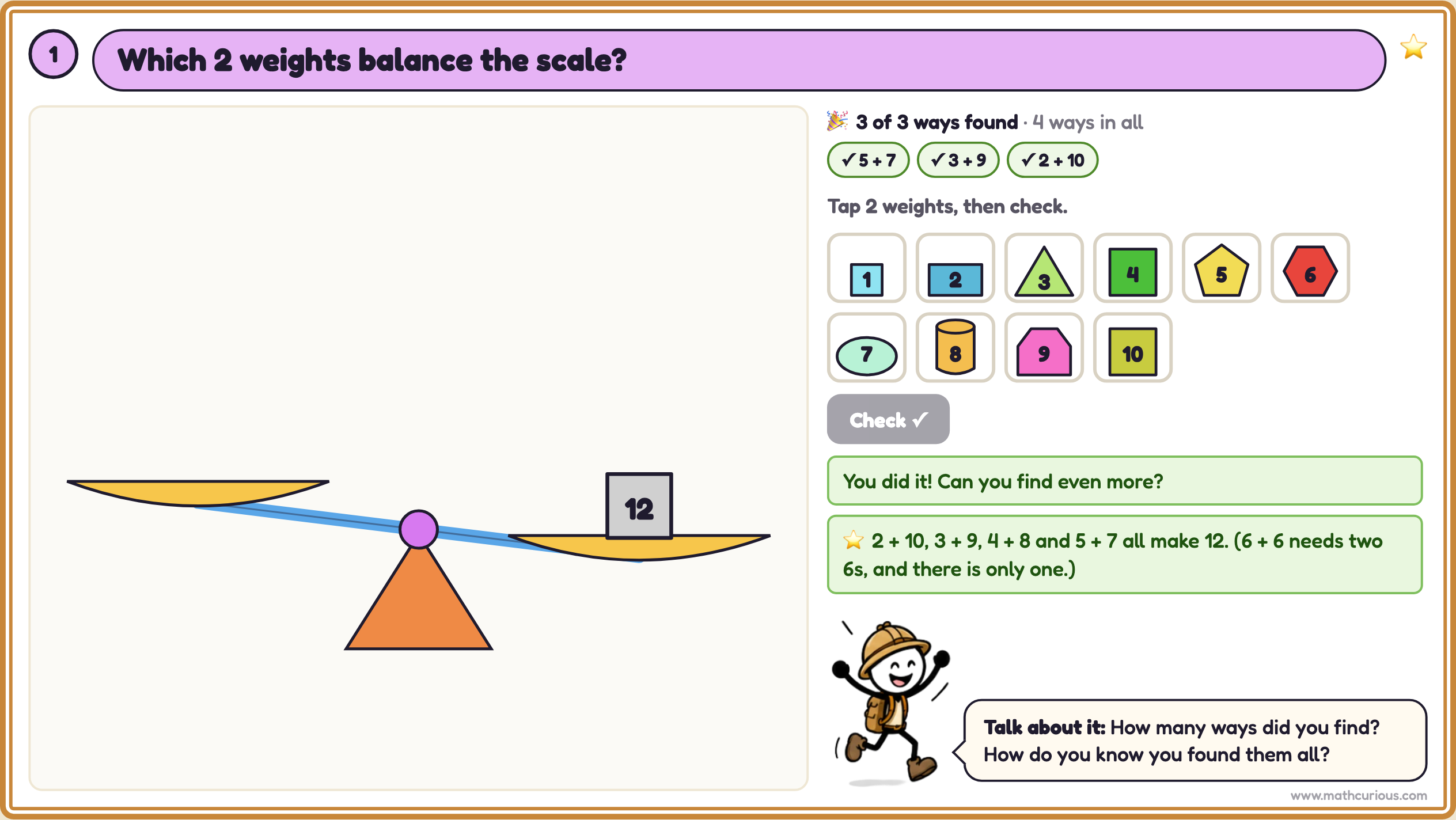 Balance the scales card: a scale with 12 on one side, three different pairs of weights found, and a note that there are 4 ways in all
