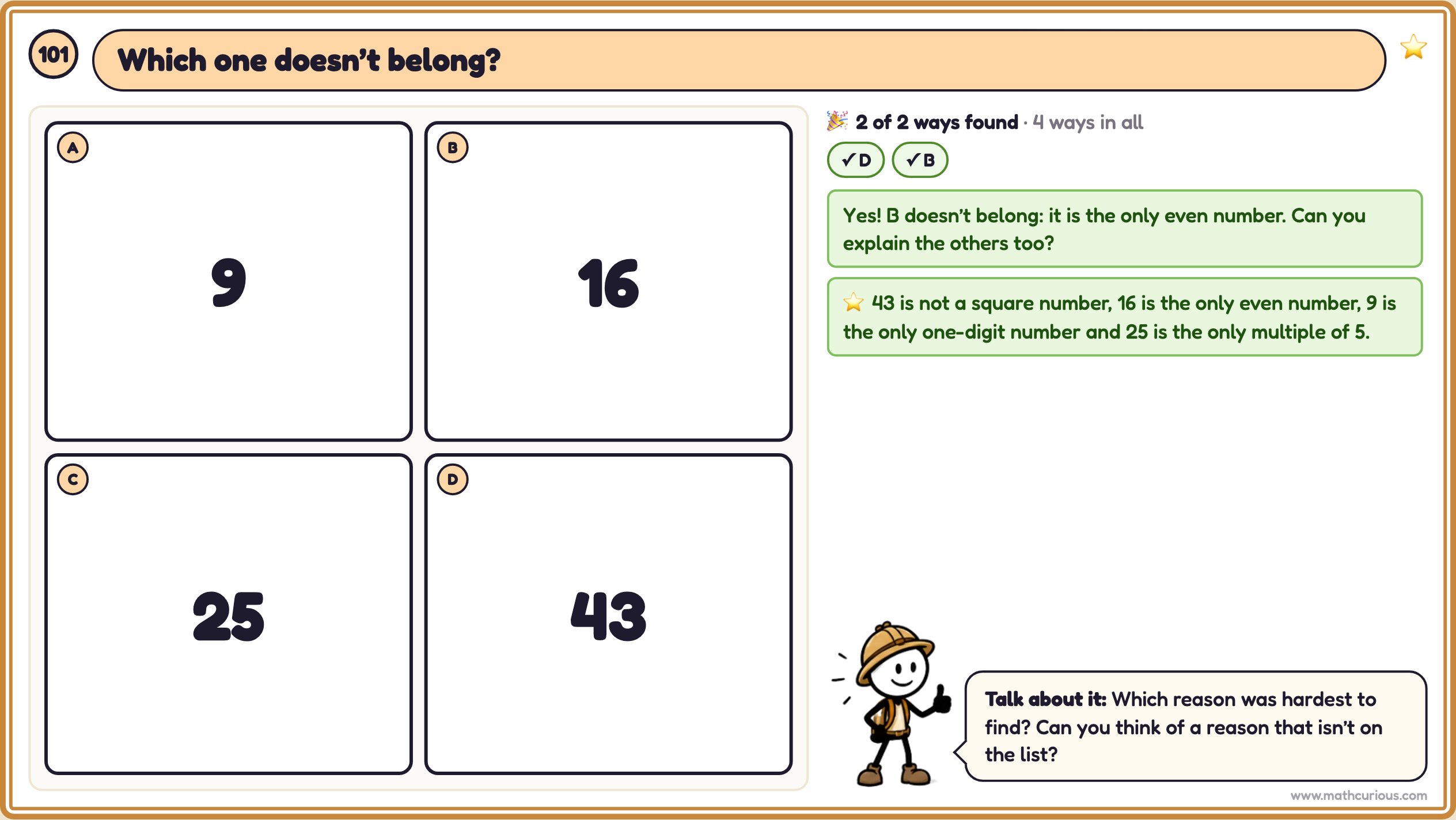 Which one doesn't belong card with four numbers, two answers found with their reasons