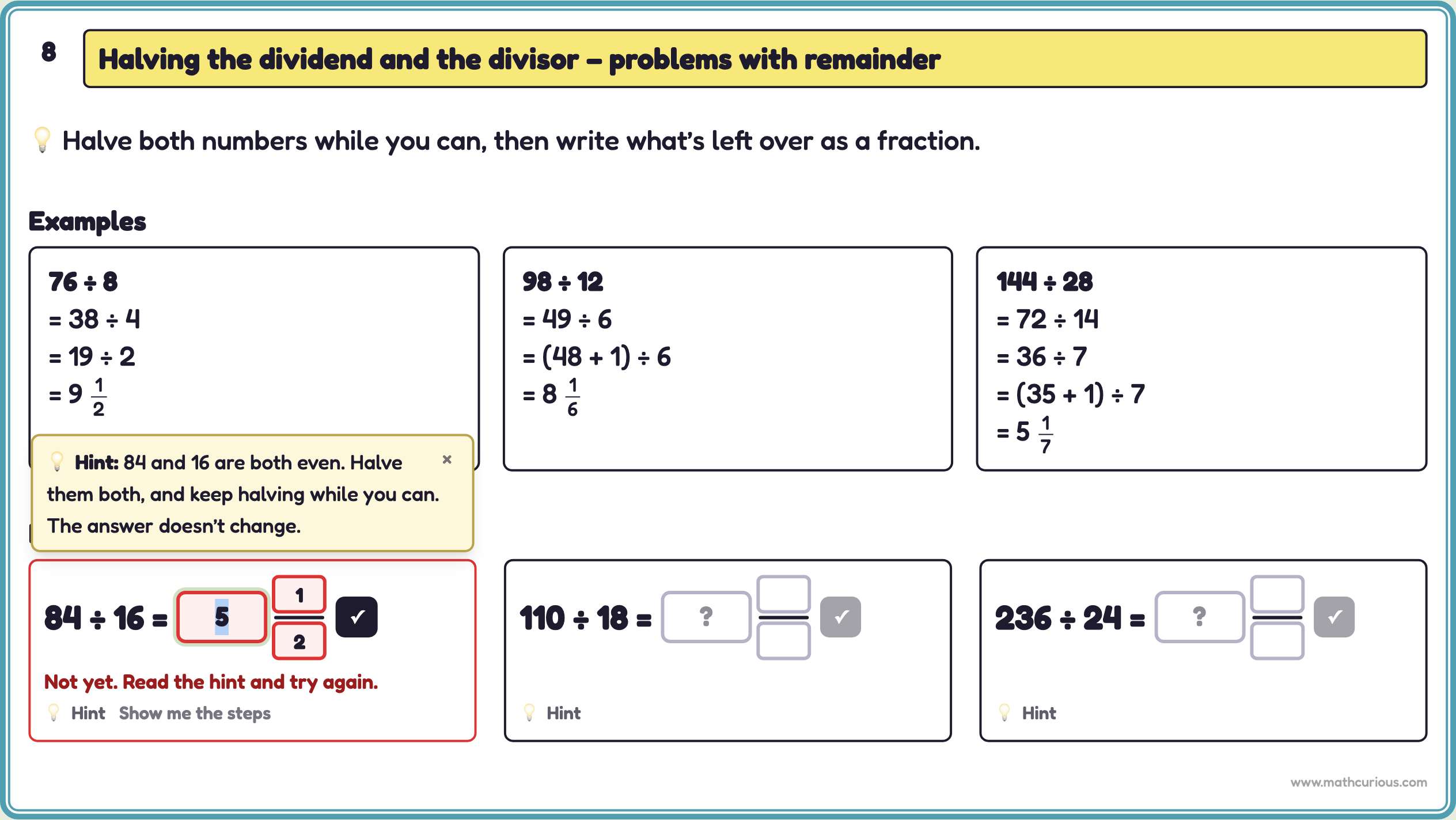 A wrong answer to 84 ÷ 16: the boxes turn red and a hint says 84 and 16 are both even, halve them both