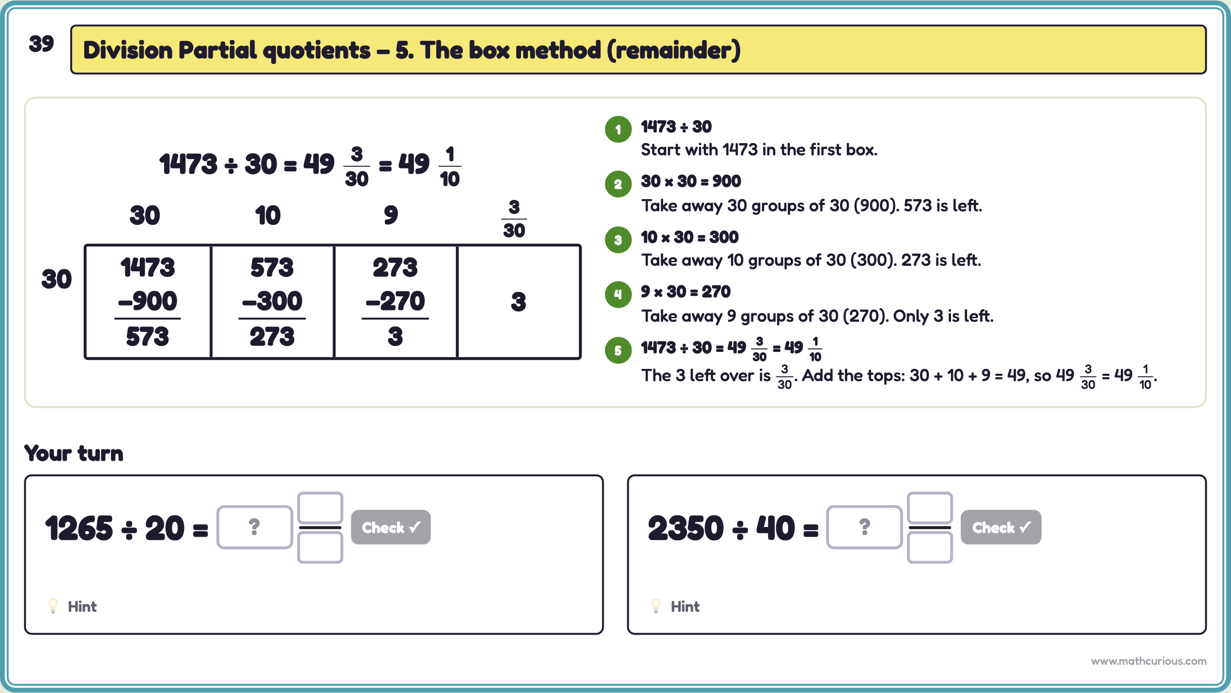 The box method for 1473 ÷ 30: take away 900, 300 and 270, leaving 3, so the answer is 49 3/30 = 49 1/10, with numbered steps beside it