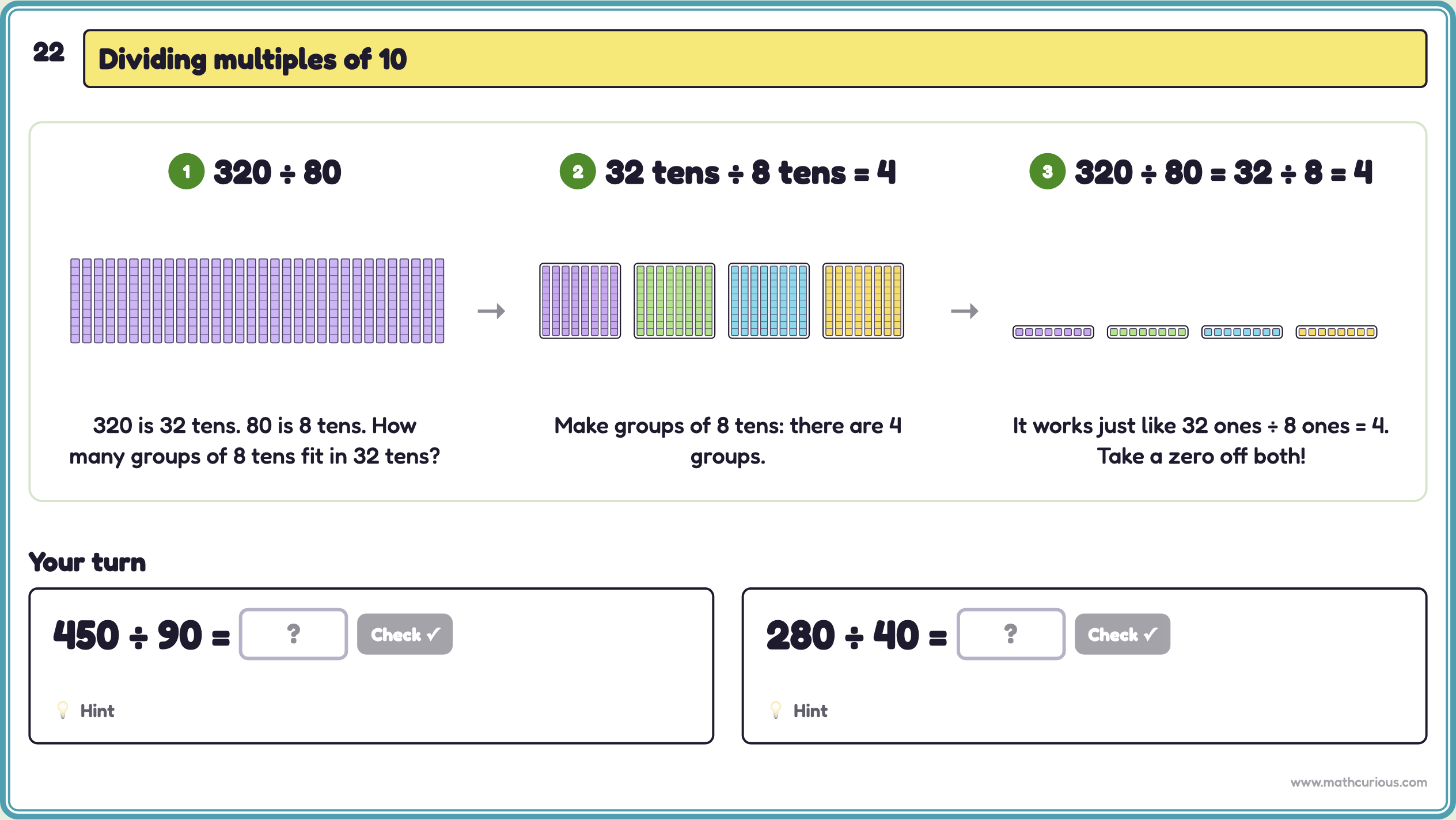 32 tens rods, then the same rods in 4 coloured groups of 8 tens, then 32 ones in 4 groups of 8
