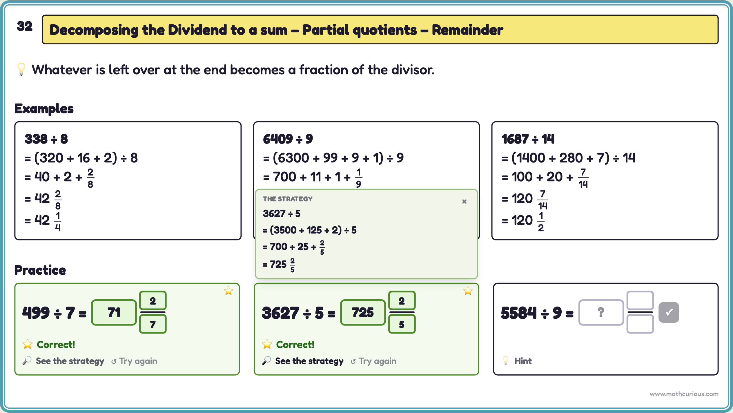 Partial quotients practice with remainders: 499 ÷ 7 = 71 2/7 and 3627 ÷ 5 = 725 2/5 solved, with the strategy shown