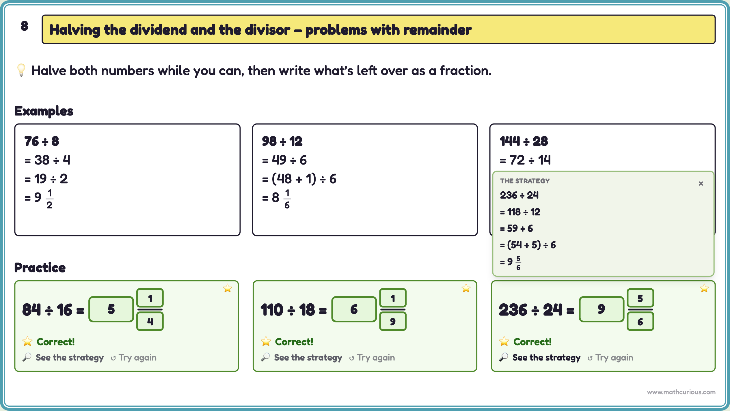 Three solved problems with mixed-number answers, green boxes and stars, and the strategy for 236 ÷ 24 shown