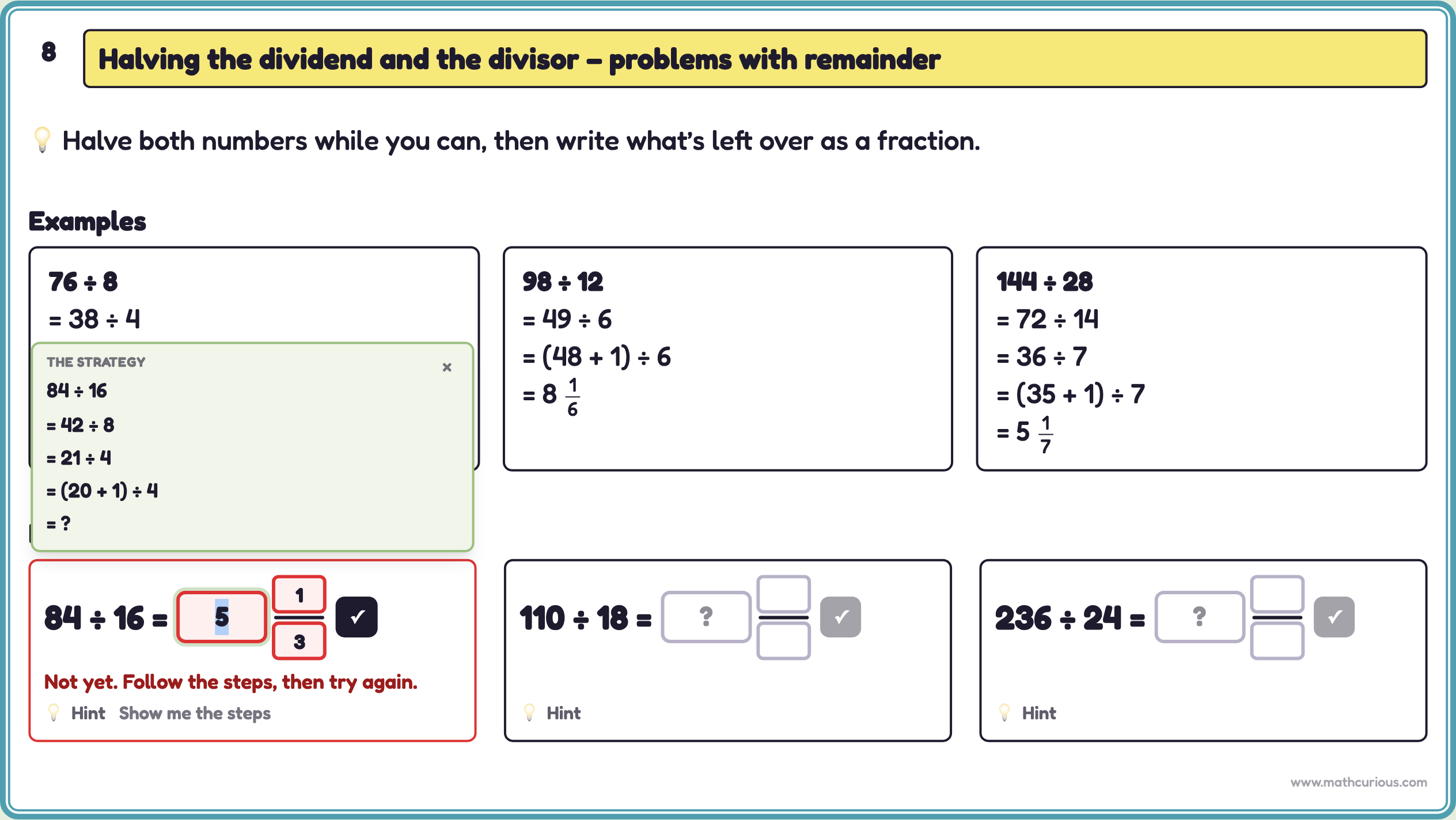 After a second wrong answer, the worked steps for 84 ÷ 16 appear with the answer hidden