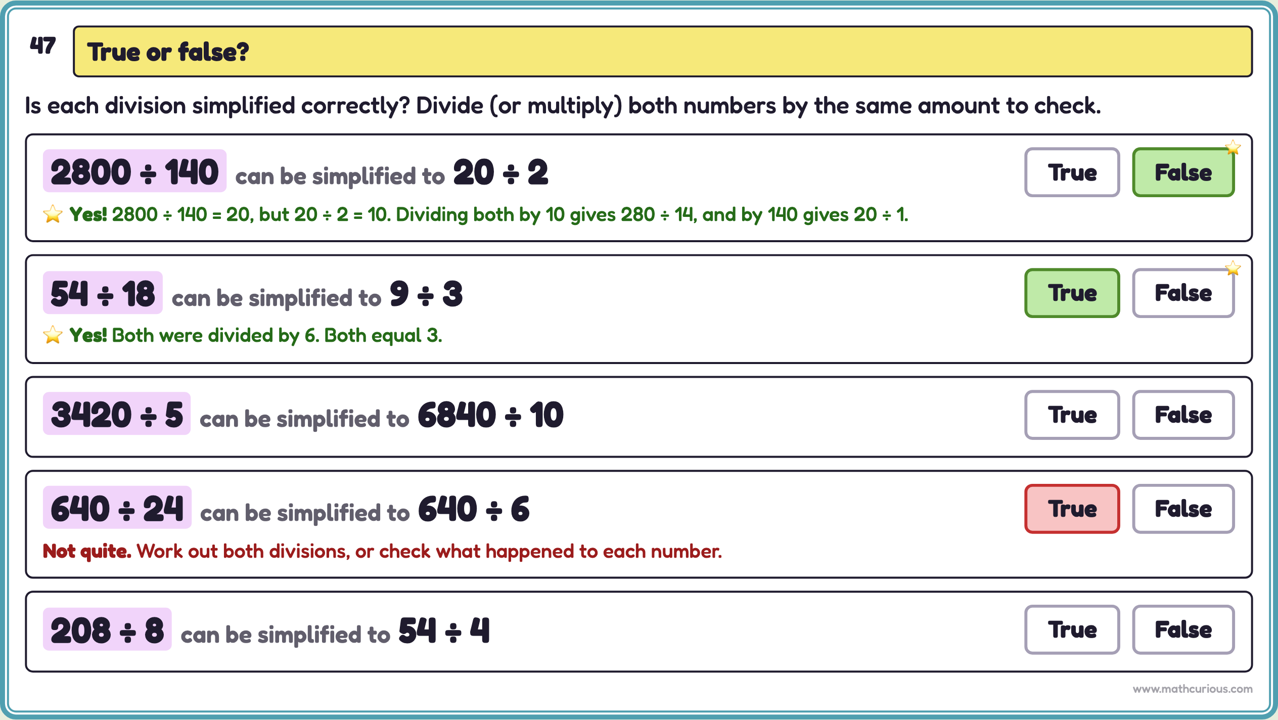 True or false slide: is 2800 ÷ 140 the same as 20 ÷ 2? Students pick True or False and see why