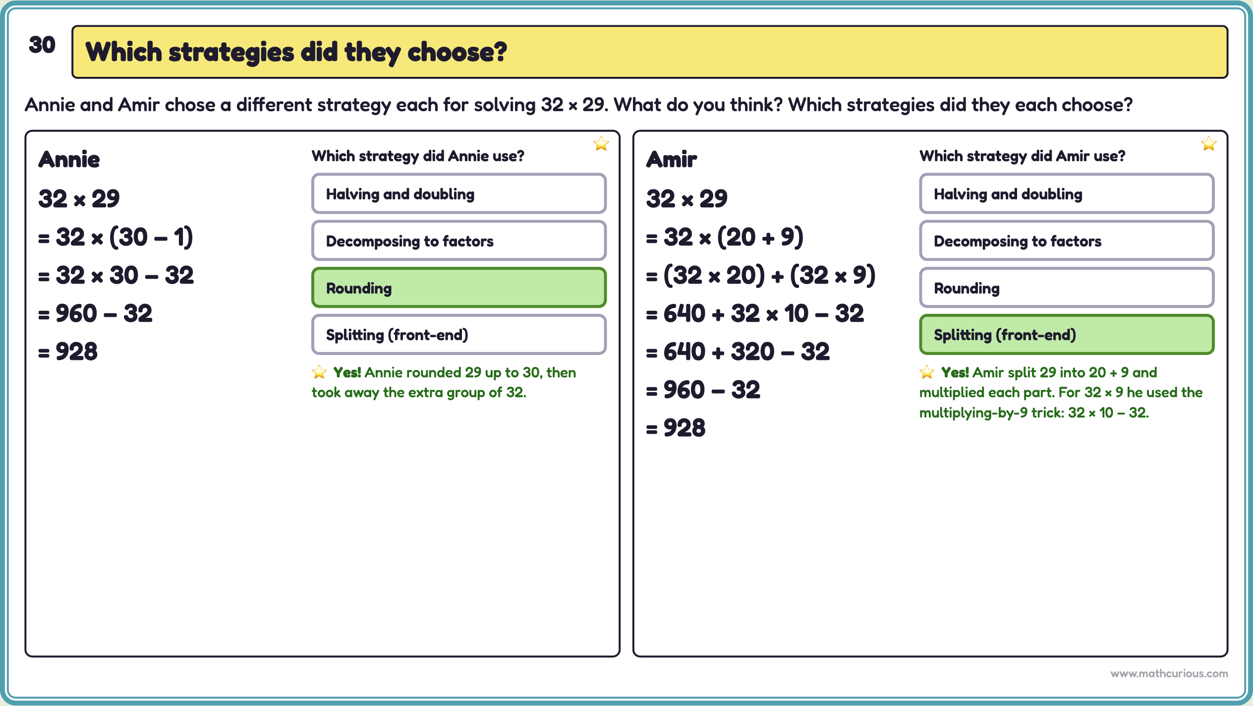 Slide 30: Annie's and Amir's work on 32 × 29, with Rounding picked for Annie and Splitting picked for Amir