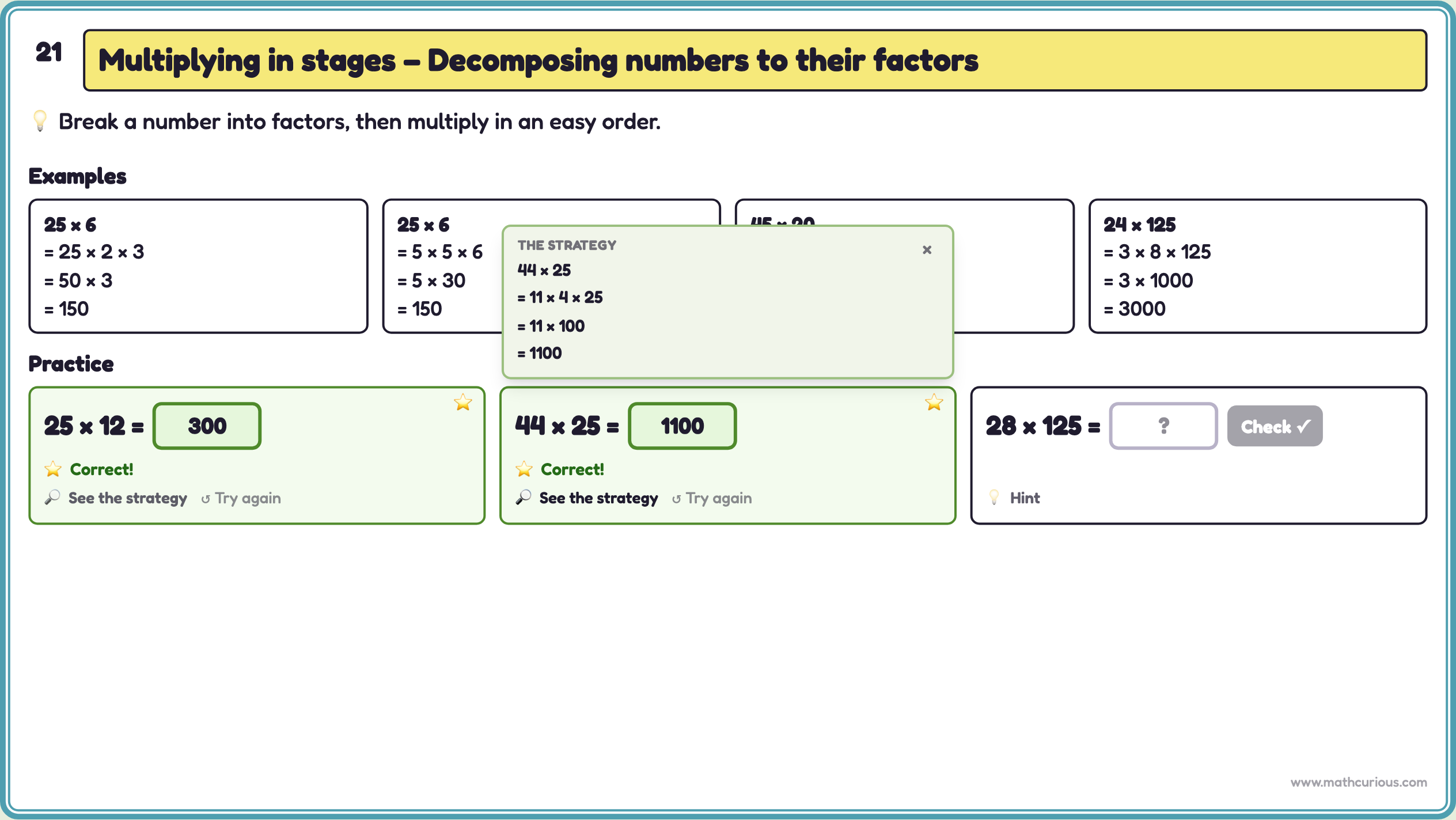 Decomposing to factors slide with worked examples, two solved practice problems and the strategy for 44 × 25