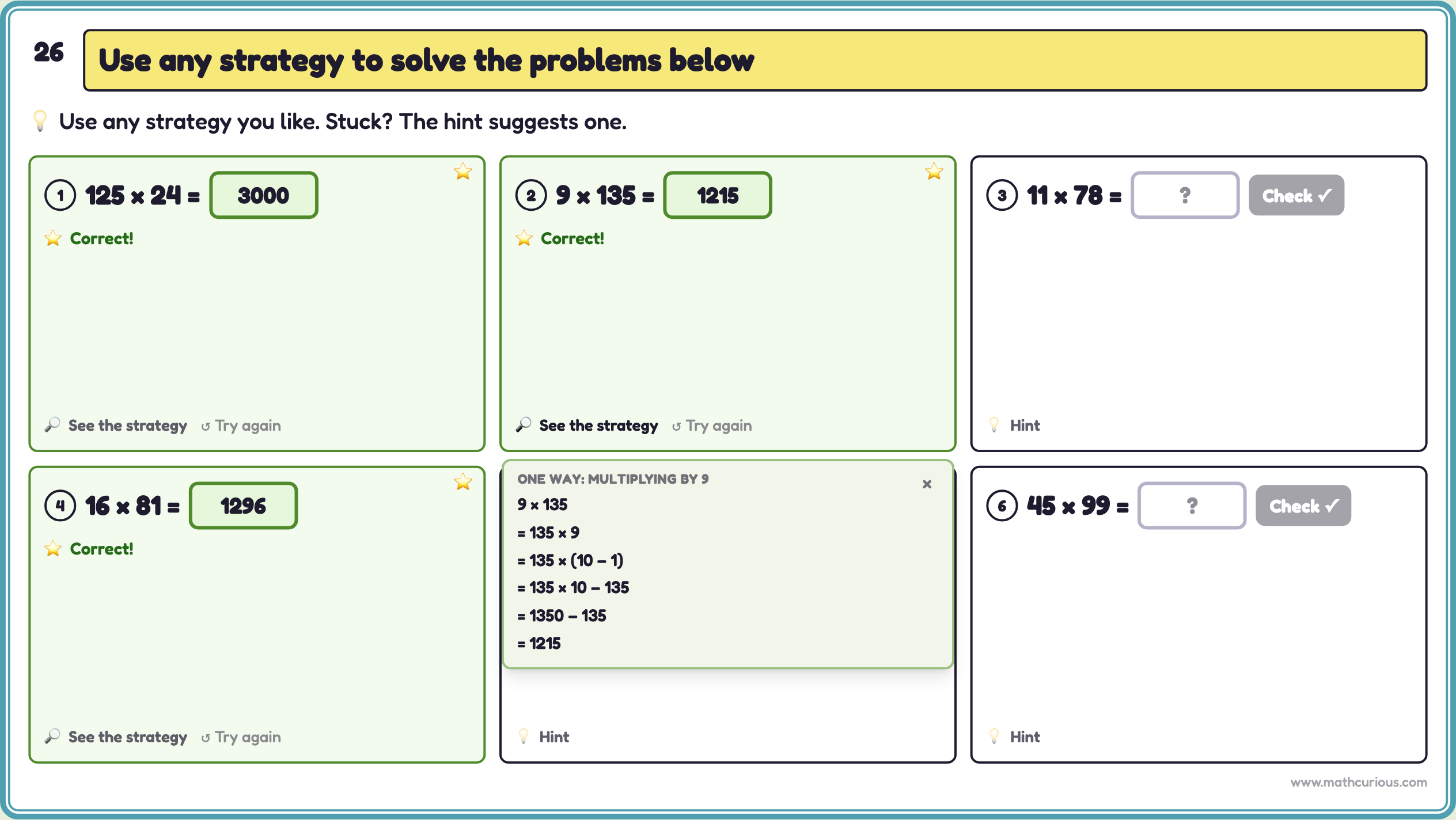 Mixed practice slide with six problems, three solved, and the multiplying-by-9 strategy shown for 9 × 135