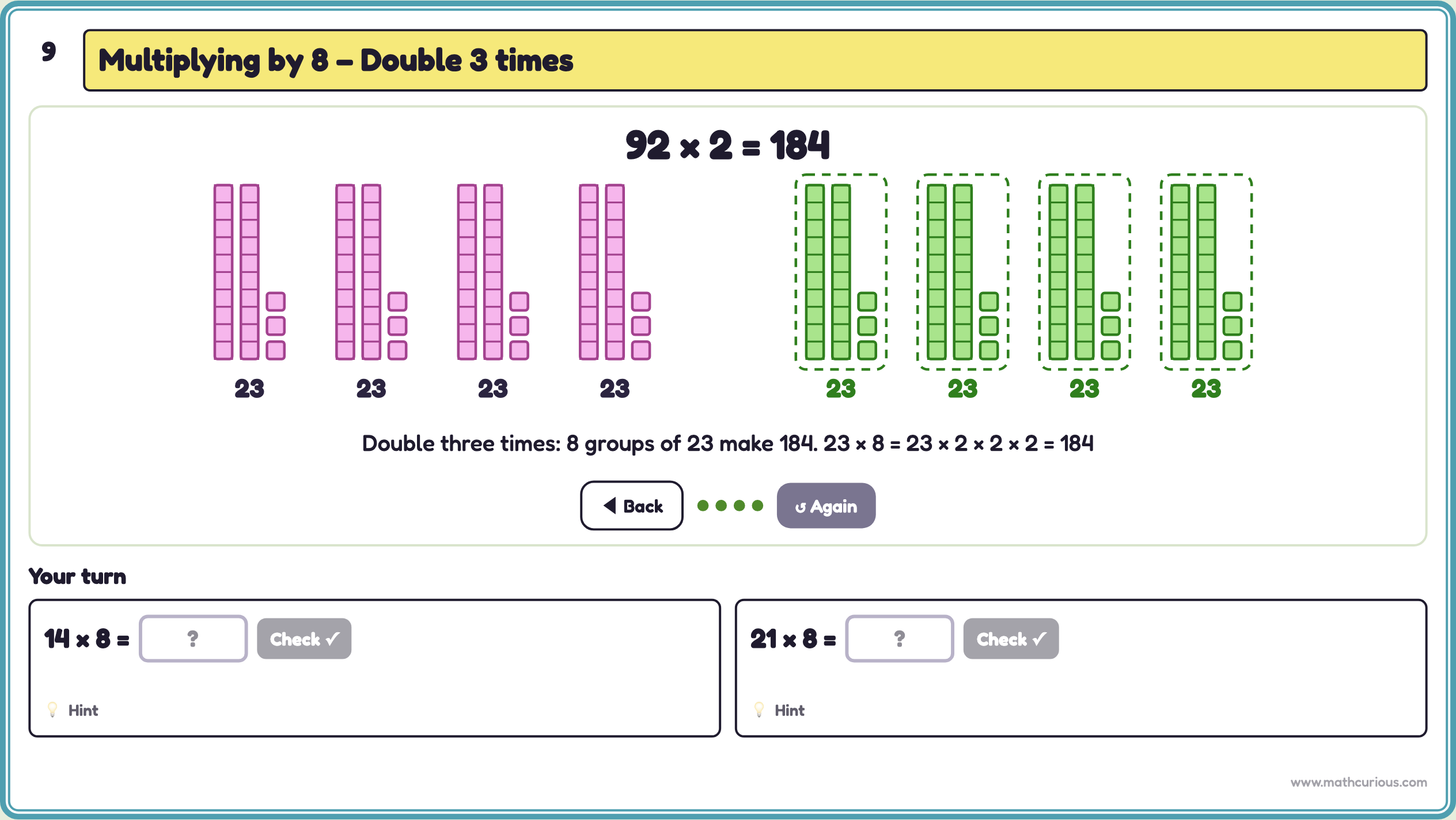 Base-ten blocks for 23 × 8: four groups of 23 doubled into eight groups, with the new four outlined in green