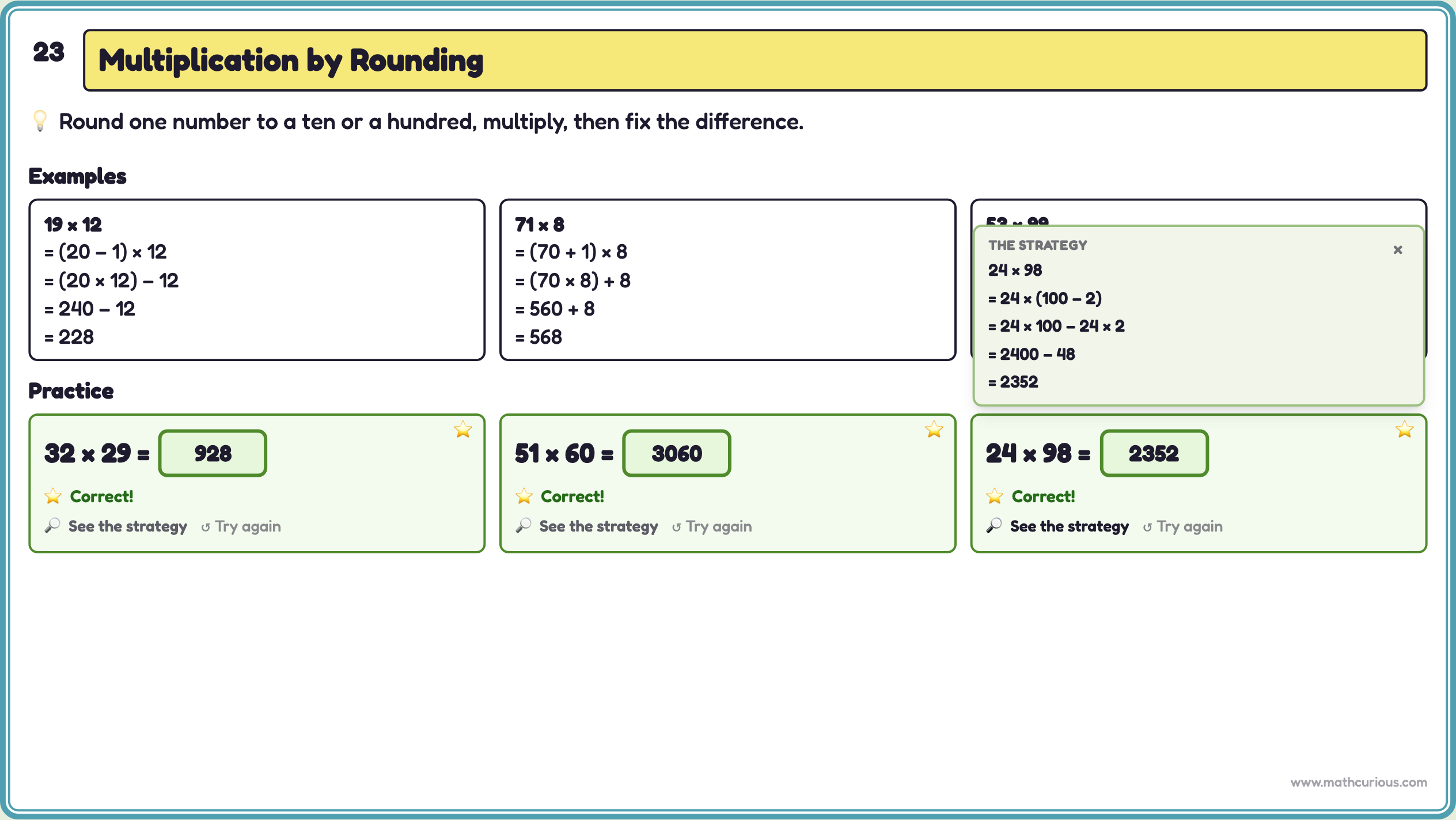 Three solved rounding problems with green boxes and stars, and the strategy for 24 × 98 shown