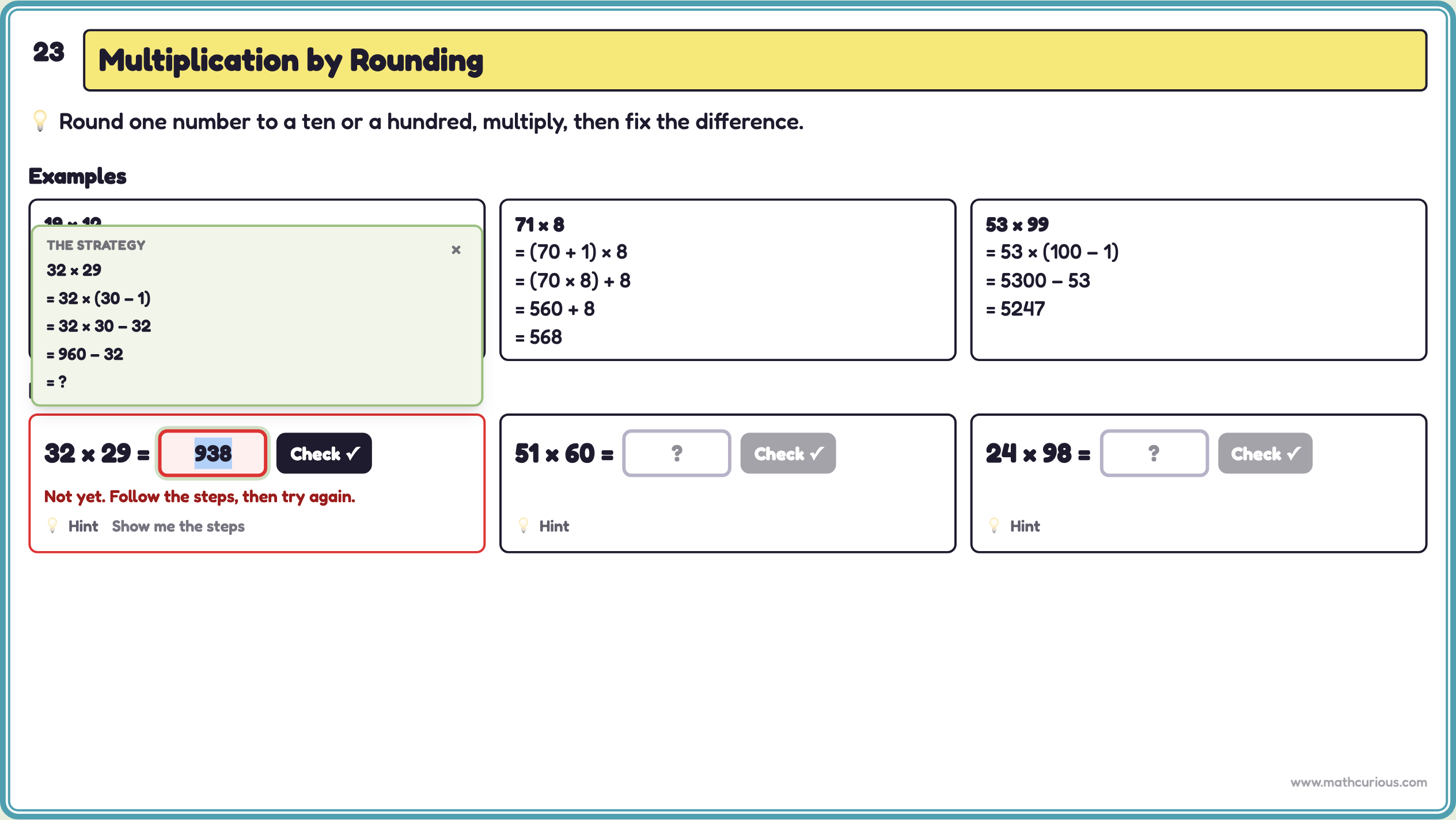 After a second wrong answer, the worked steps for 32 × 29 appear with the last line hidden