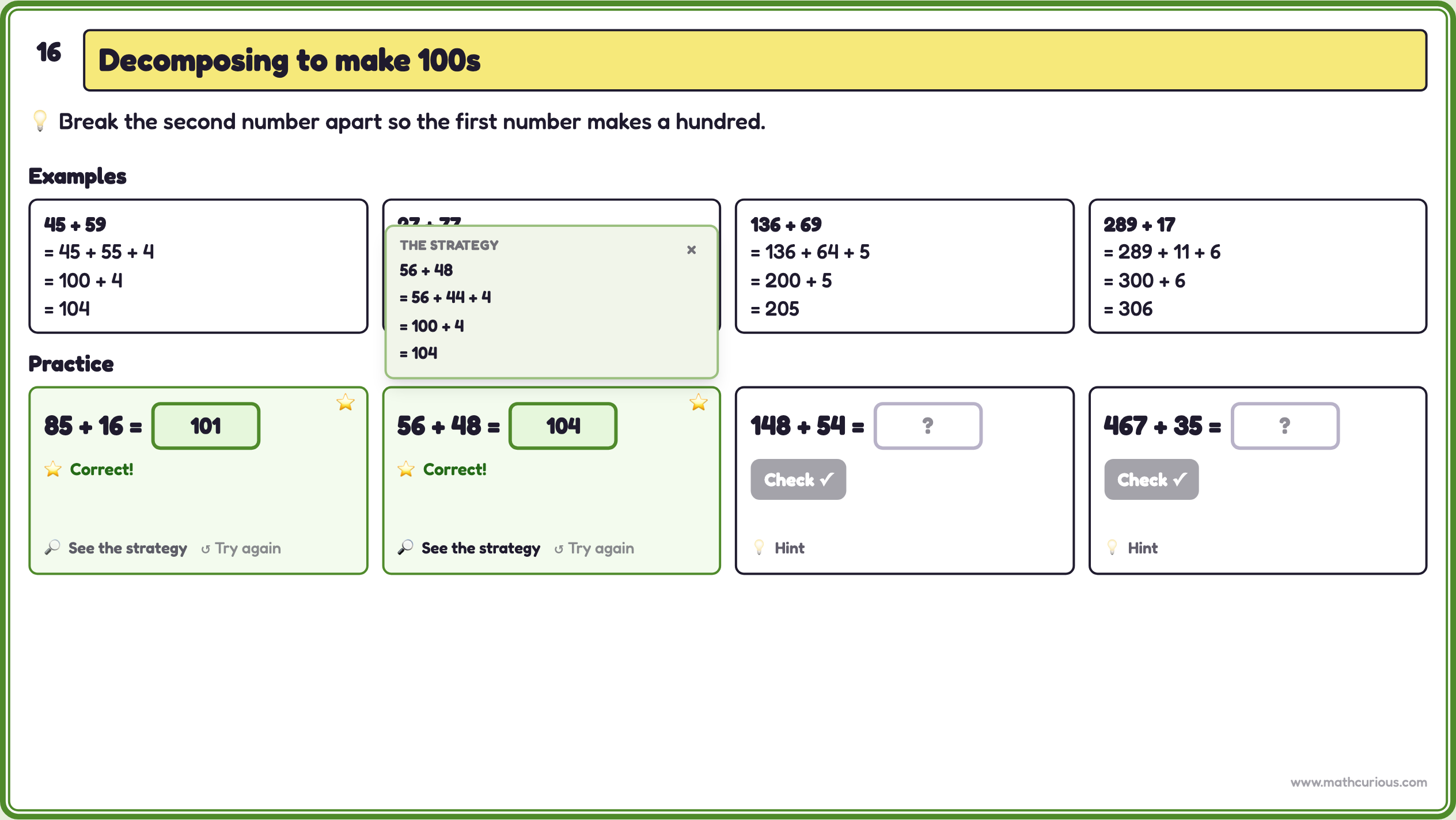 Decomposing to make 100s slide with worked examples, two solved practice problems and the strategy for 56 + 48