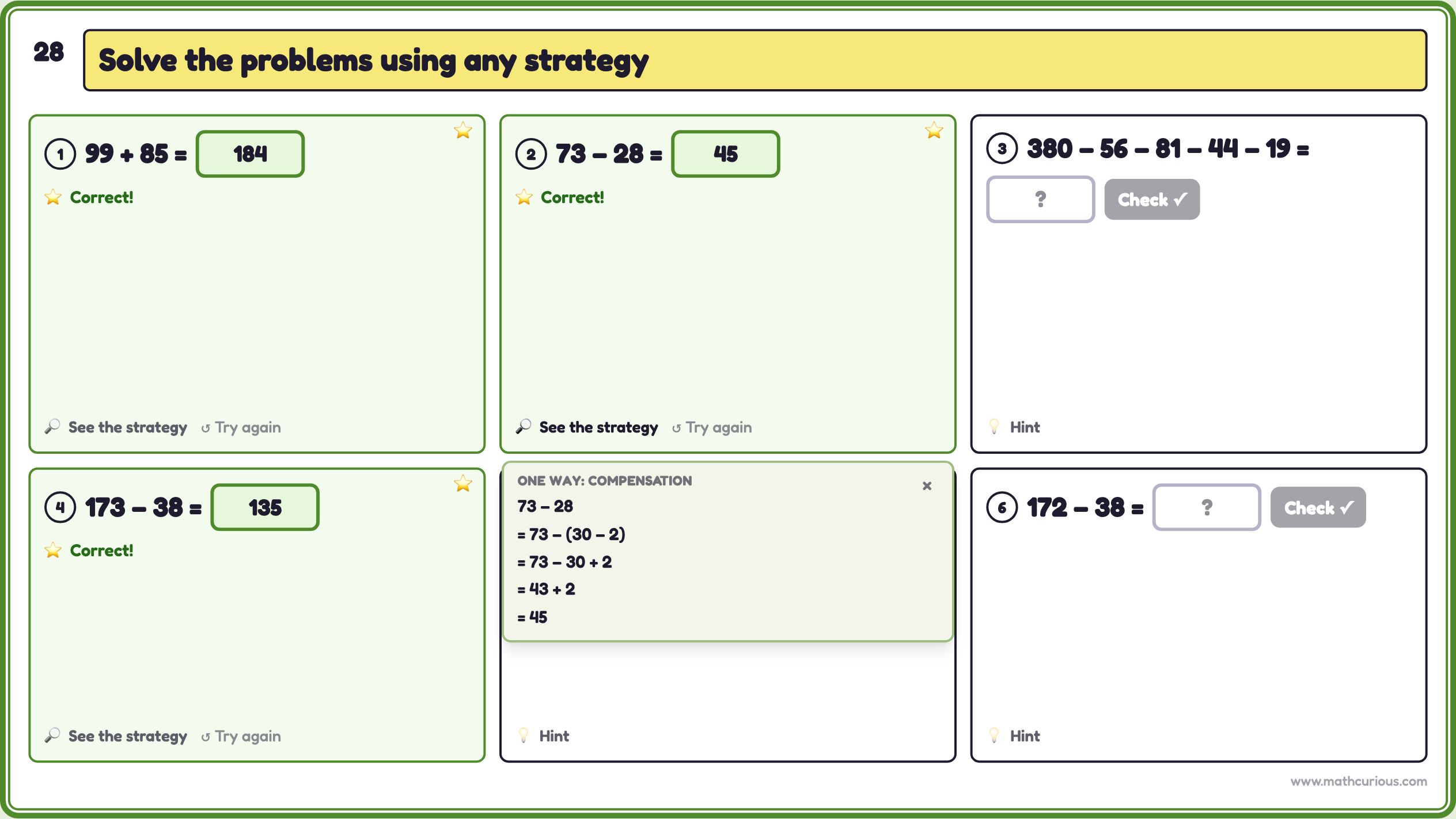 Mixed practice slide with six problems, three solved, and the compensation strategy shown for 73 − 28