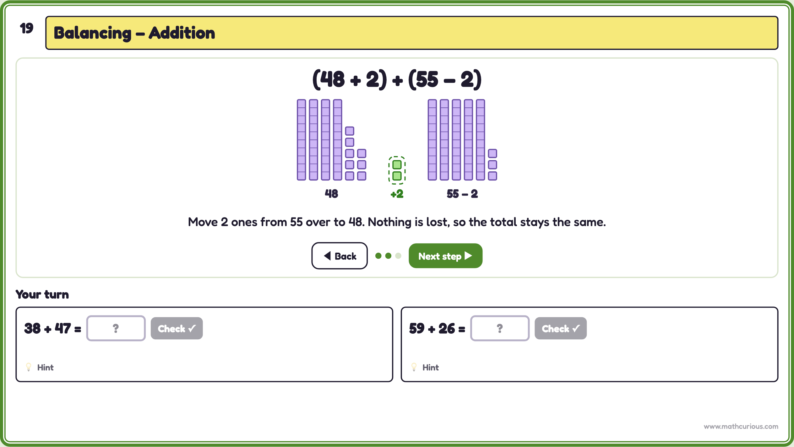 Base-ten blocks for 48 + 55: two ones move from 55 over to 48