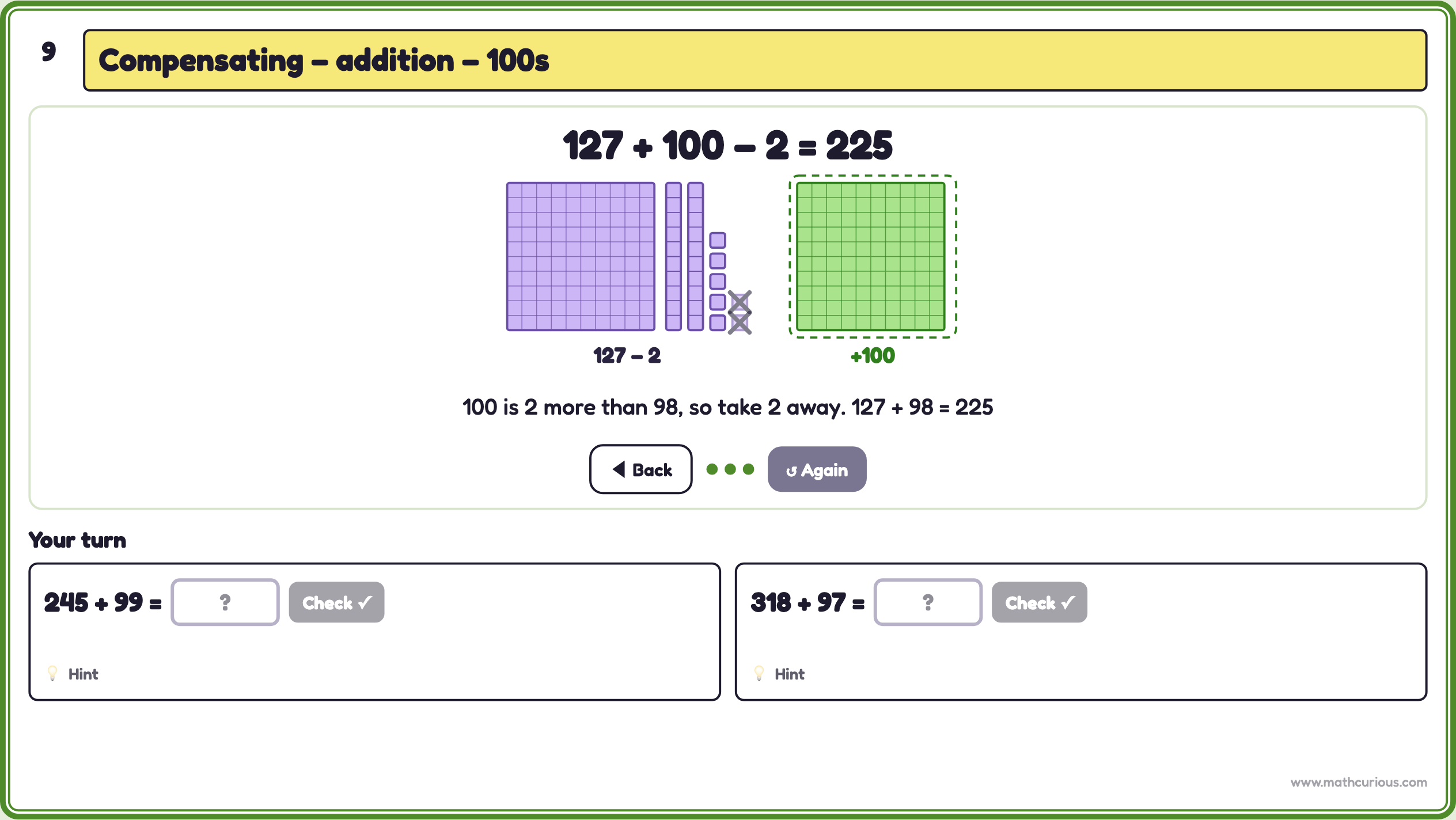 Base-ten blocks for 127 + 98: a hundred flat is added in green and two cubes are crossed out
