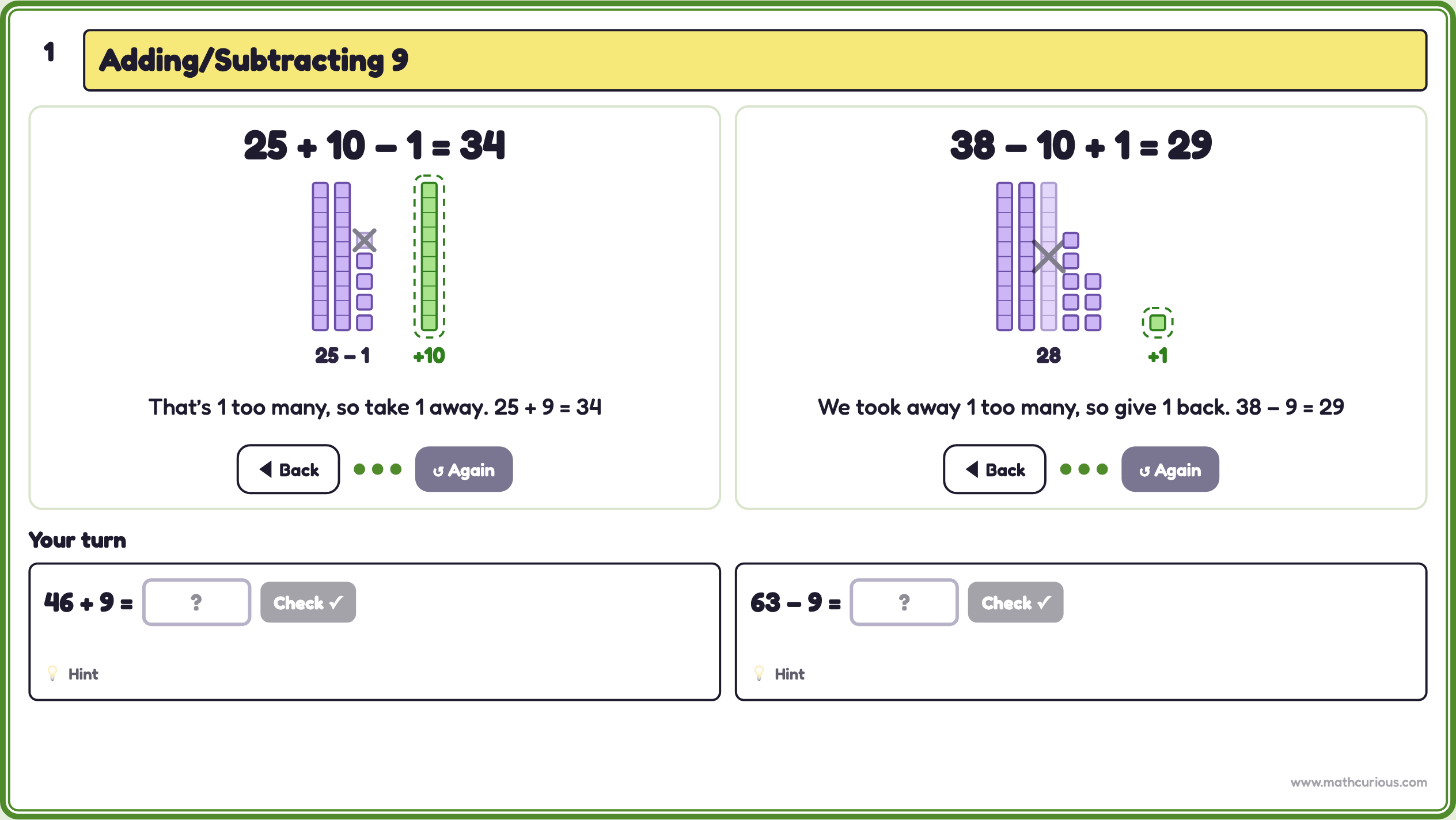 Base-ten blocks for 25 + 9: a ten rod is added in green and one cube is crossed out, and for 38 − 9: a ten is crossed out and one cube is given back
